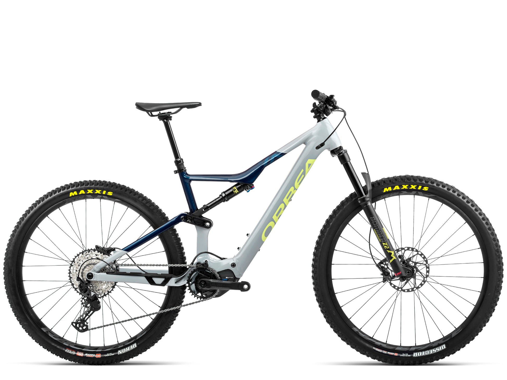Orbea Rise H30 eMTB Full Suspension Grey / blue Side profile Fly Ride USA