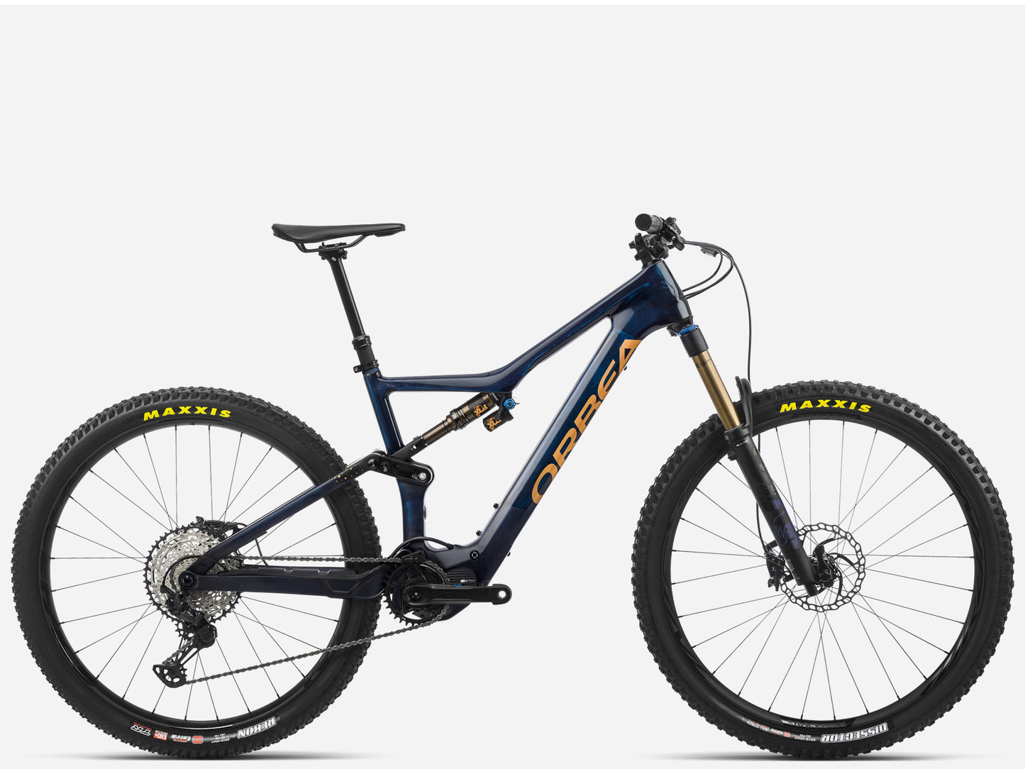 Orbea Rise M10 Blue carbon / red gold matte eMTB Full Suspension Side Profile