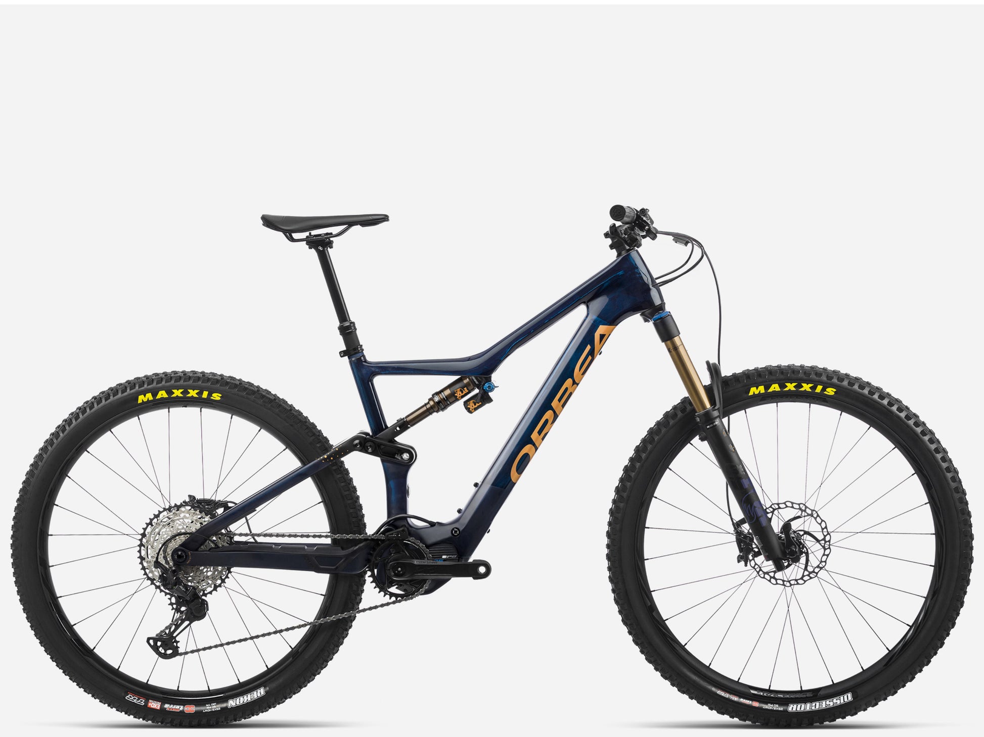 Orbea Rise M10 Blue carbon / red gold matte eMTB Full Suspension Side Profile