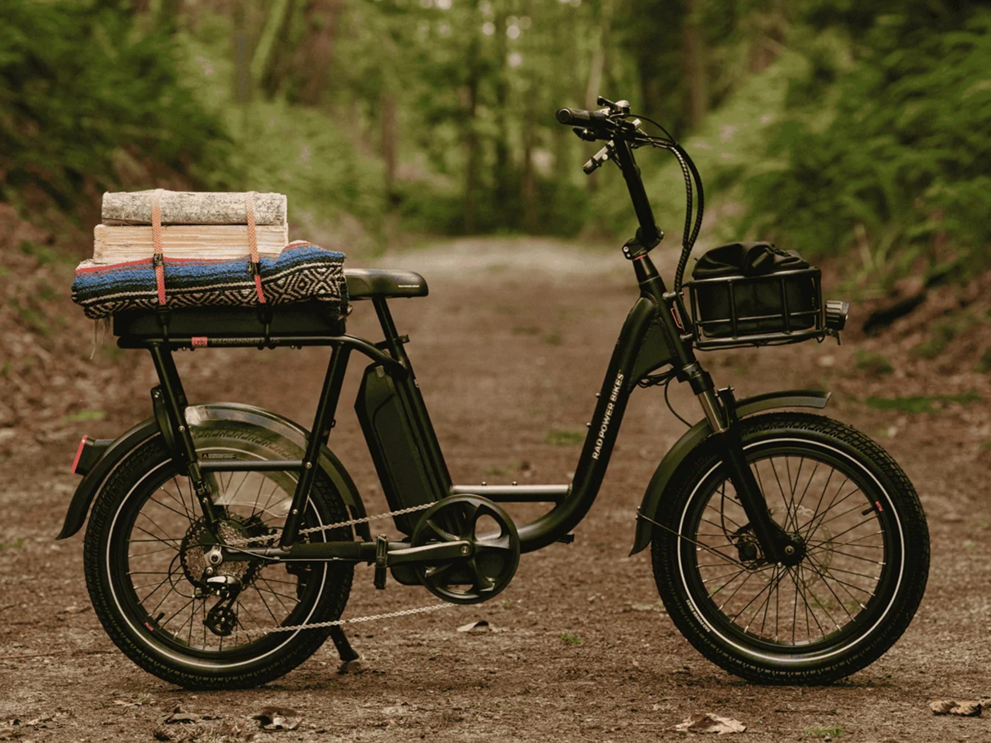 Rad Power RadRunner Plus Electric Cargo Utility Bike Matte black parked on a trail. Shown with cargo