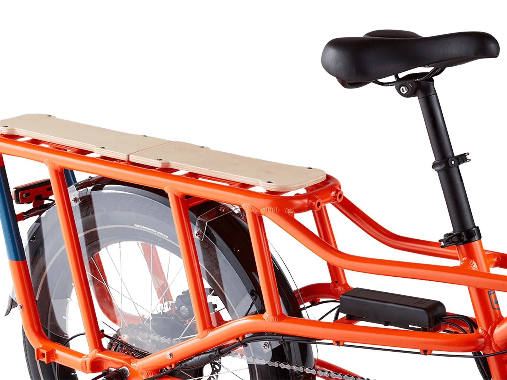 Rad Power RadWagon 4 Electric Cargo bike Orange Rear cargo rack, wheel, motor closeup