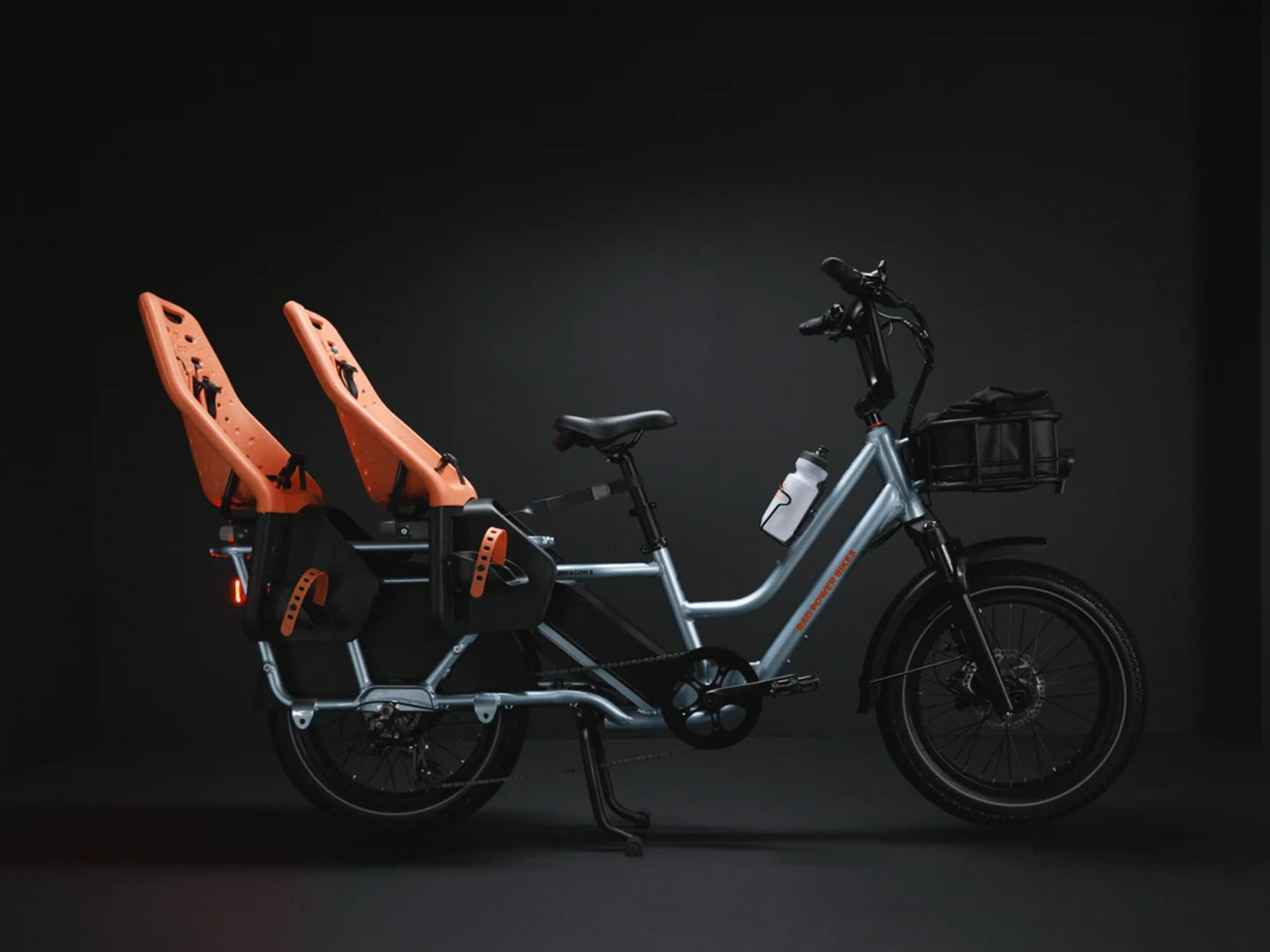 Rad Power RadWagon 5 Electric Cargo bike Metalllic blue Side profile set up with optional accessories, two child seats.
