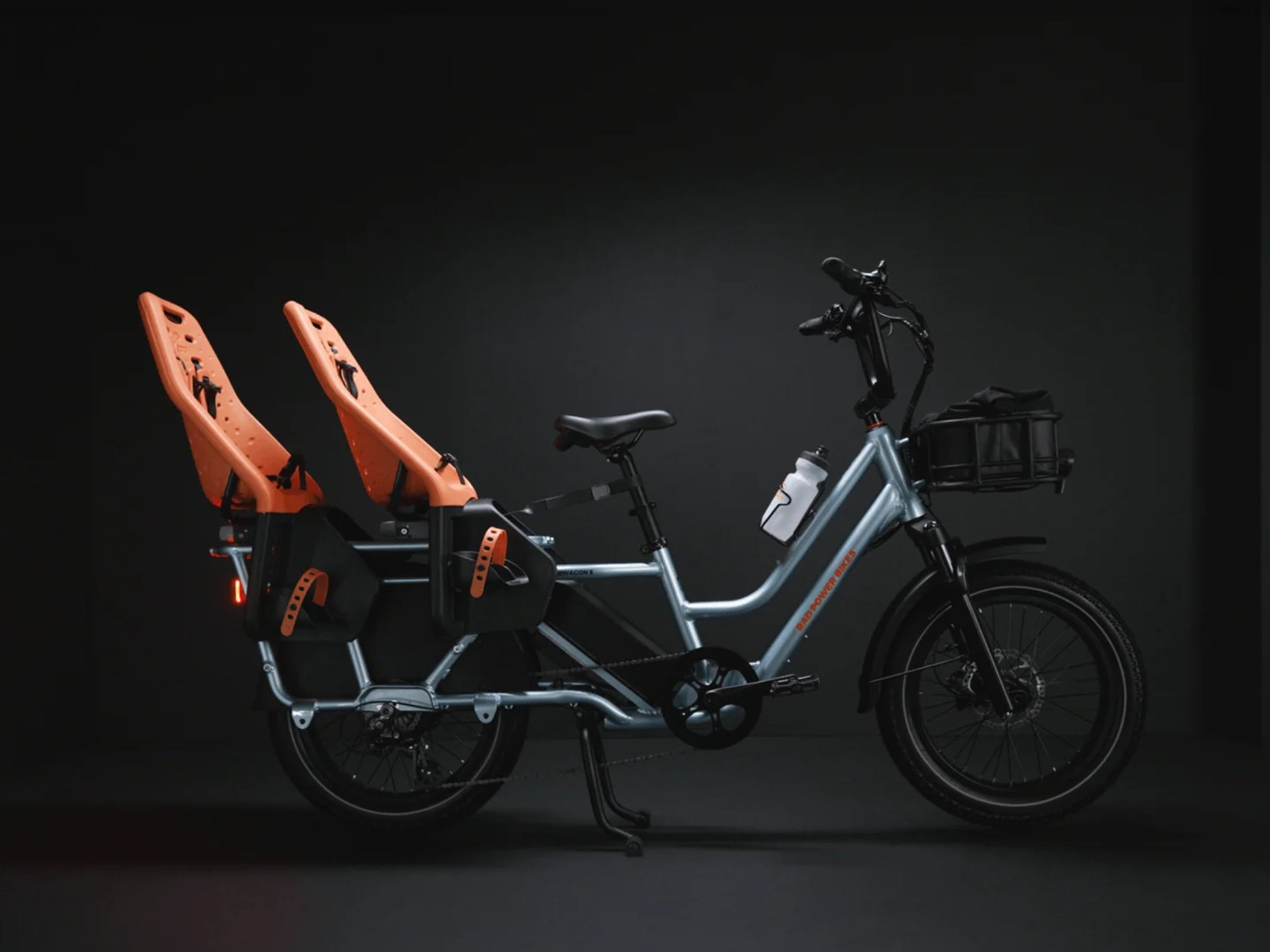 Rad Power RadWagon 5 Electric Cargo bike Metalllic blue Side profile set up with optional accessories, two child seats.
