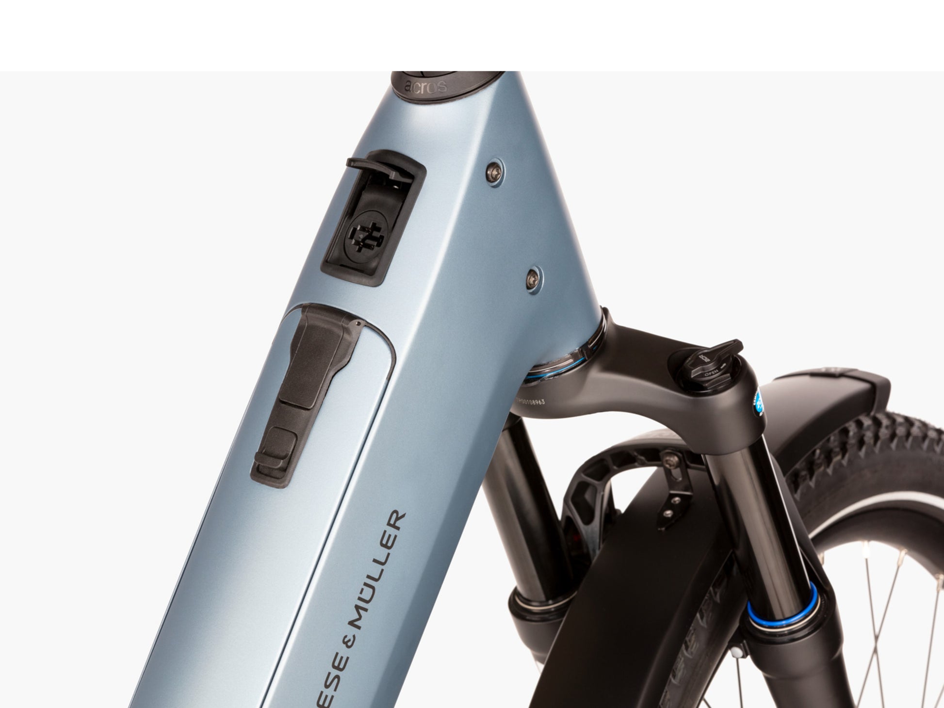 Riese & Muller Nevo5 Leisure Road / Commuter Electric bike Bosch chargeport and Battery compartment closeup