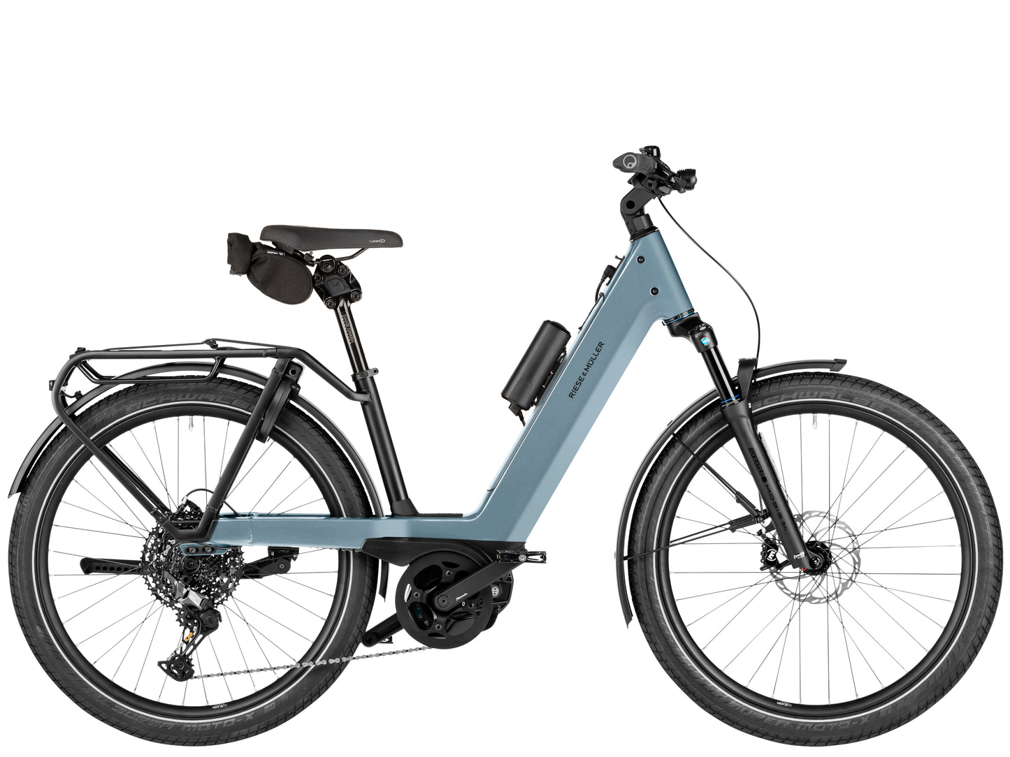 Riese & Muller Nevo5 Touring Leisure Road / Commuter Electric bike Ice blue Side profile Shown with options