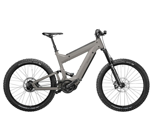Riese and Muller Superdelite Mountain eBike Rohloff in warm silver side view on Fly Rides USA