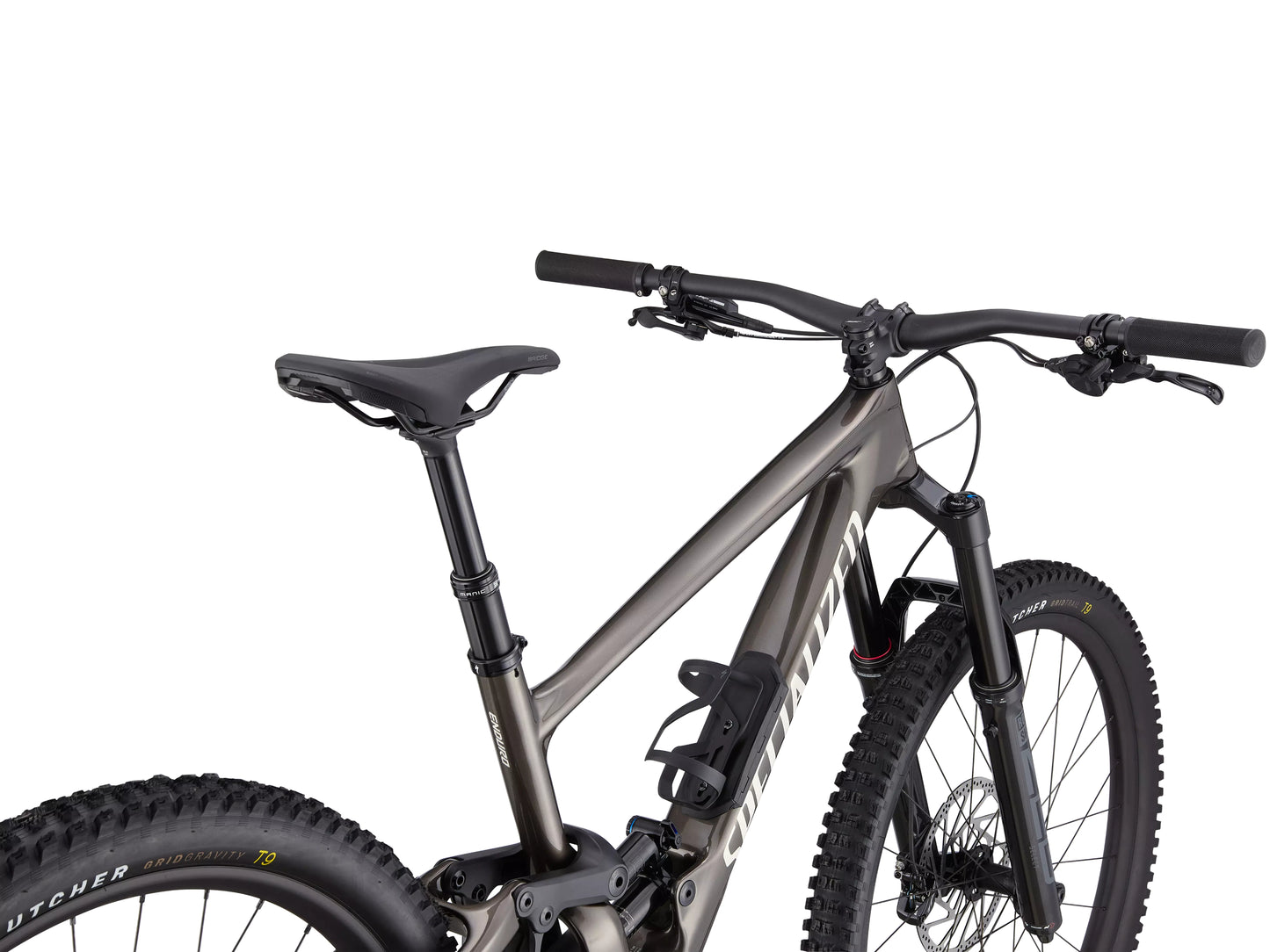 Specialized Enduro Pro Full Suspension Mountain bike Gloss gunmetal / white mountains Cockpit and saddle closeup
