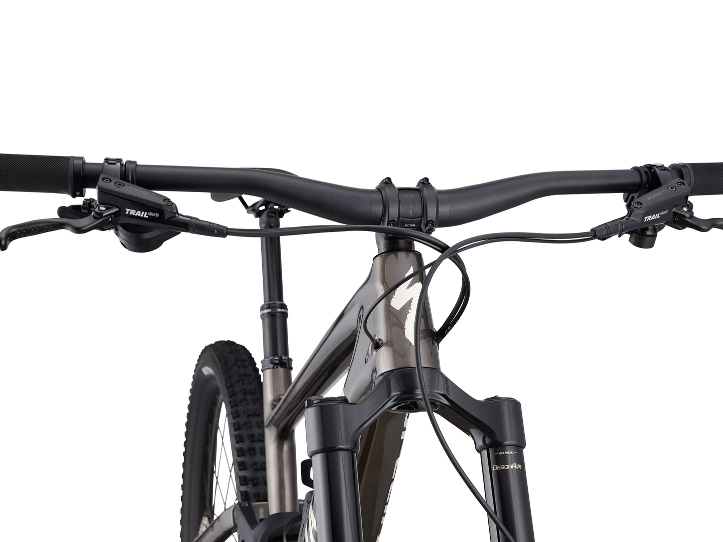 Specialized Enduro Pro Full Suspension Mountain bike Gloss gunmetal / white mountains Handlebar and shifters closeup