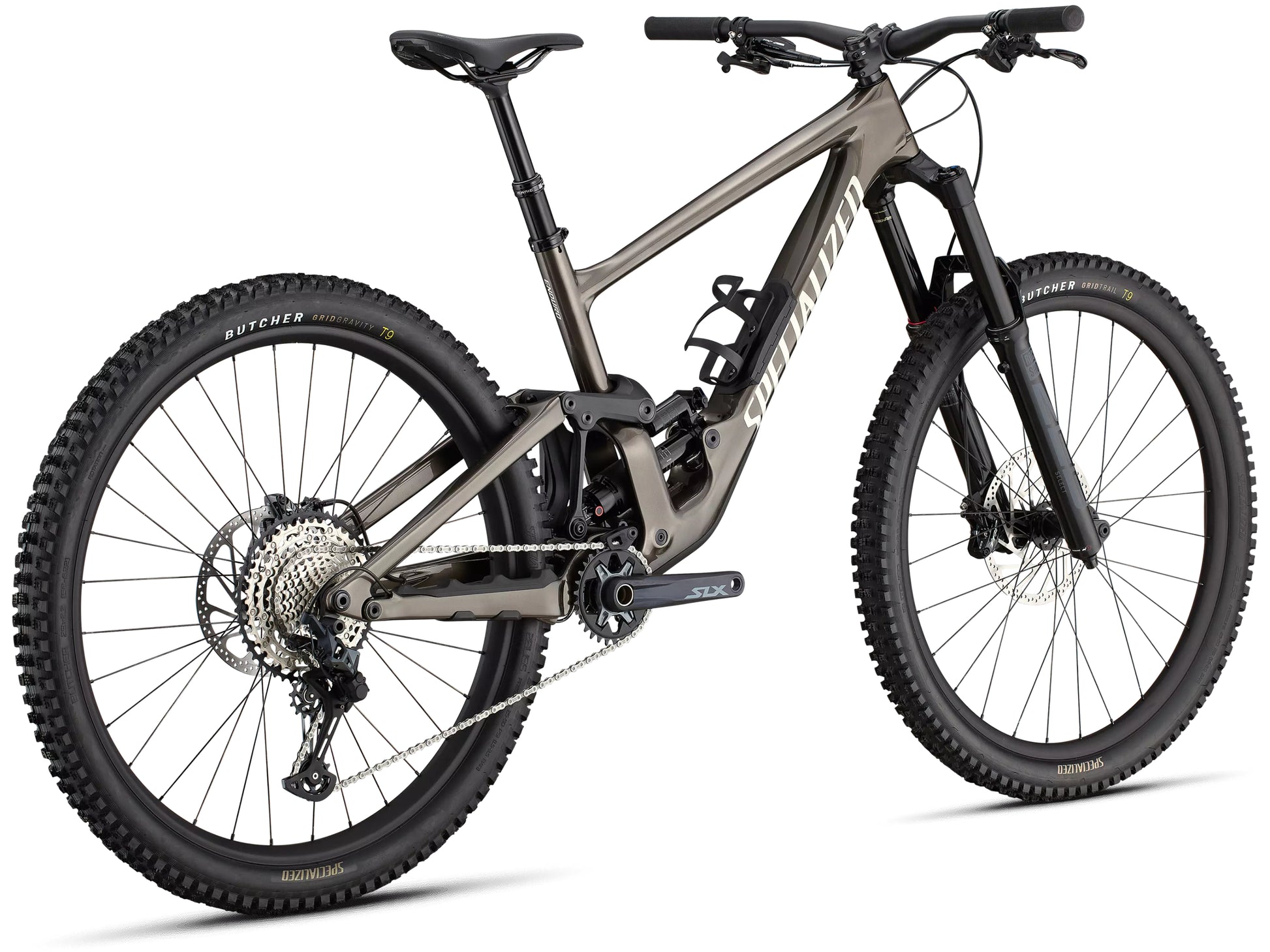 Specialized Enduro Pro Full Suspension Mountain bike Gloss gunmetal / white mountains Rear facing view