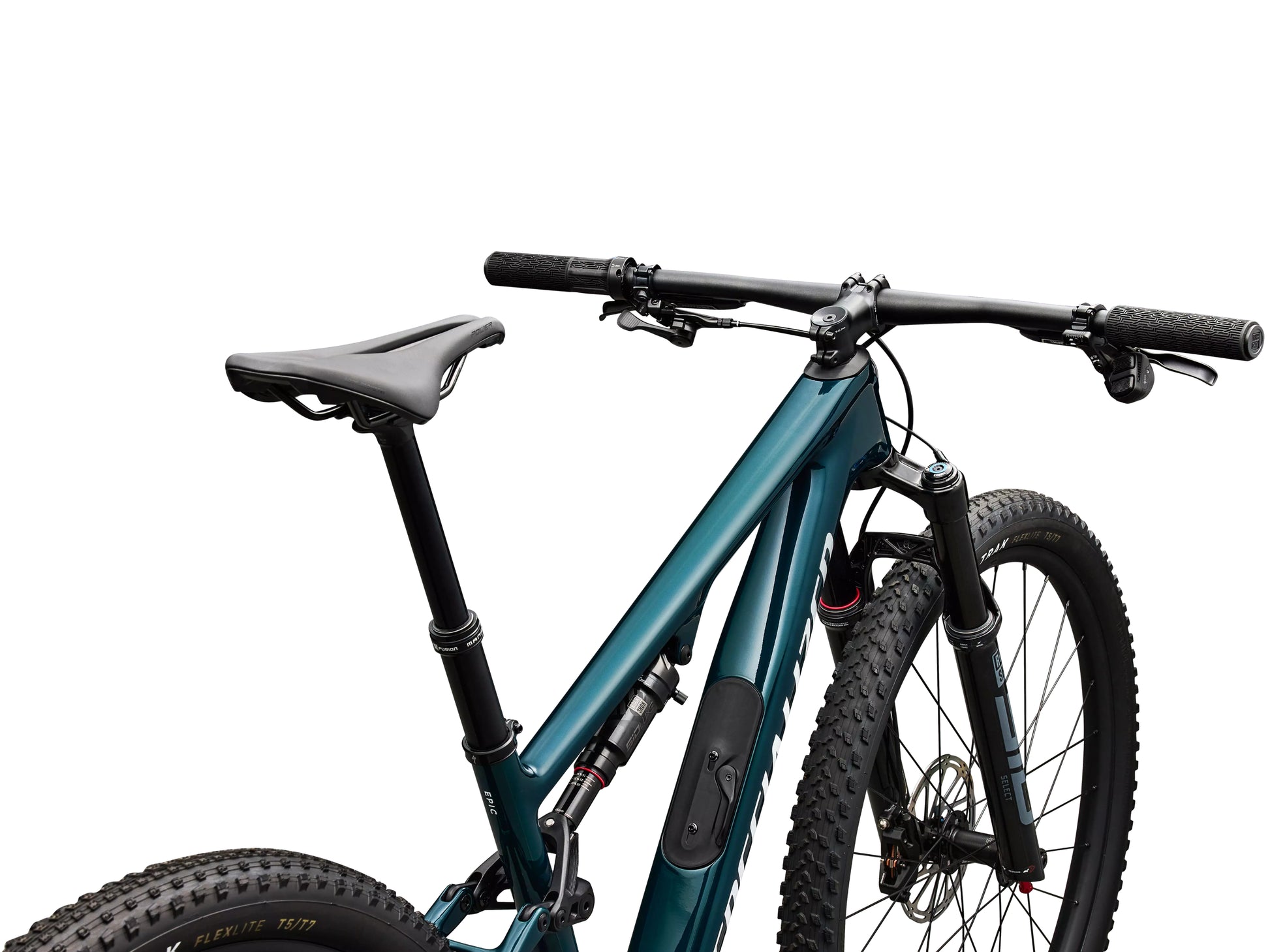 Specialized Epic 8 Comp Full suspension Mountain bike Gloss emerald metaliic / white Cockpit and saddle view