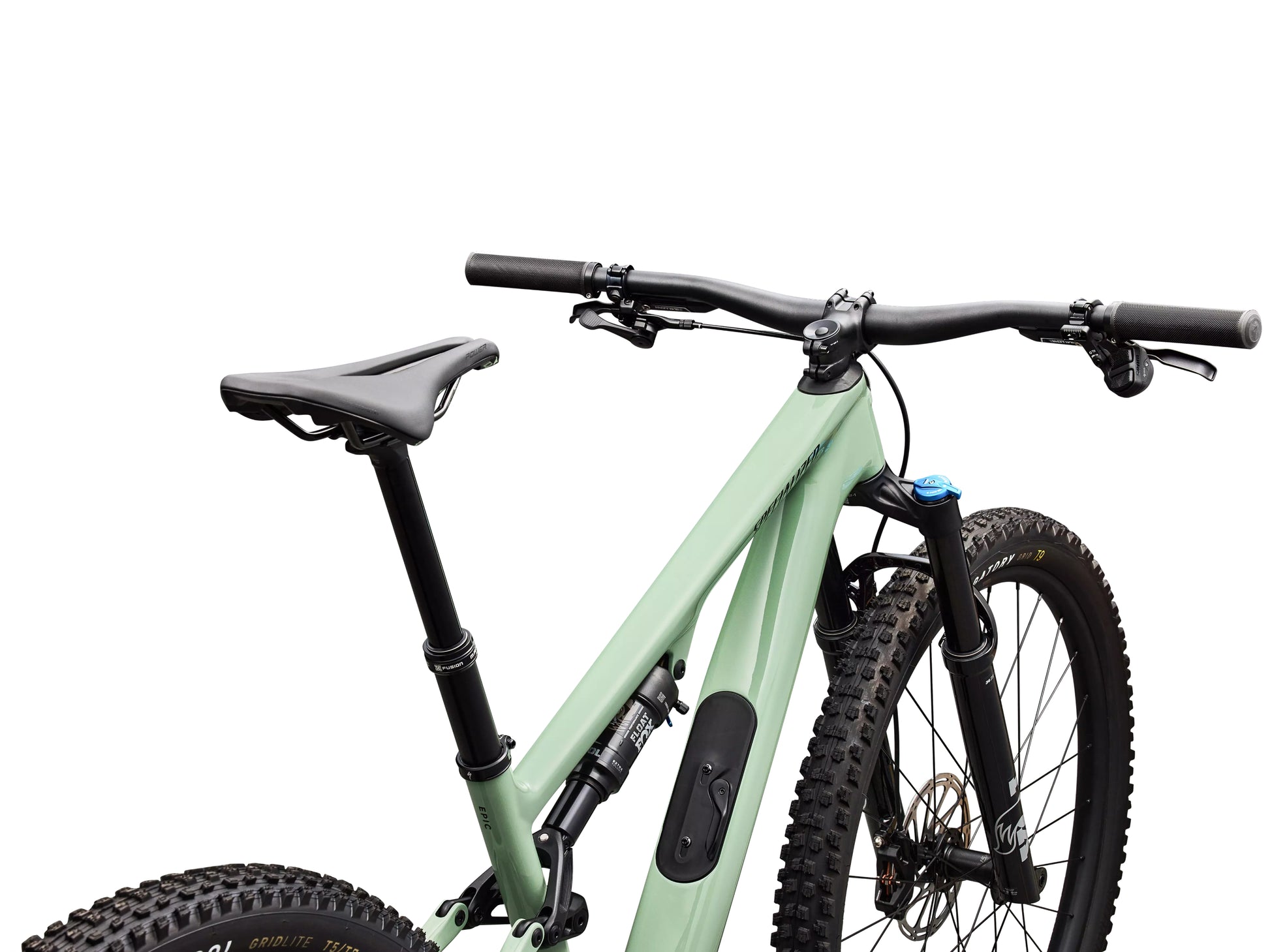 Specialized Epic 8 EVO Comp Full suspension Mountain bike Gloss pistachio / obsidian Saddle, seatpost, cockpit view
