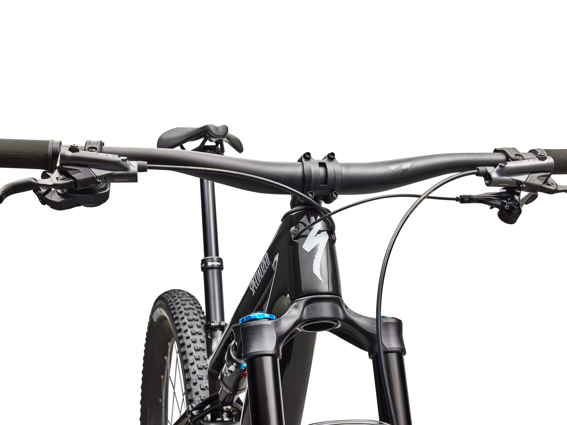 Specialized Epic 8 EVO Expert Di2 Full suspension Mountain bike Gloss carbon / white Handlebars, stem, shifters closeup