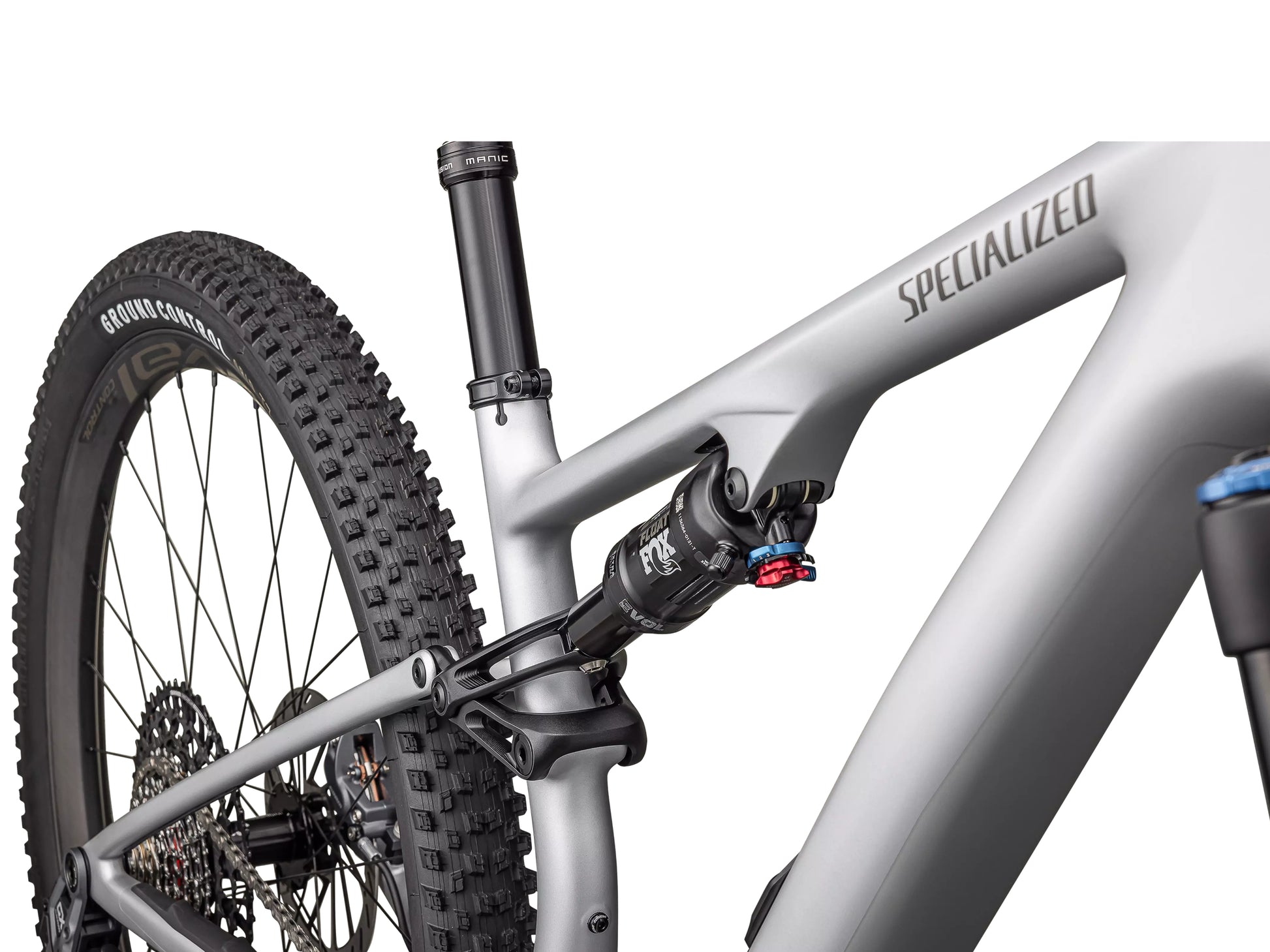 Specialized Epic 8 EVO Expert Full suspension Mountain bike satin silver dust / gunmetal Seatpost, rear tire, rear shock view