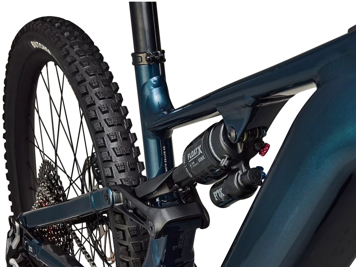 Specialized Turbo Levo 4 Comp Alloy Full Suspension eMTB Gloss deep lake metallic / dune white Fox Float X Genie Rear shock closeup