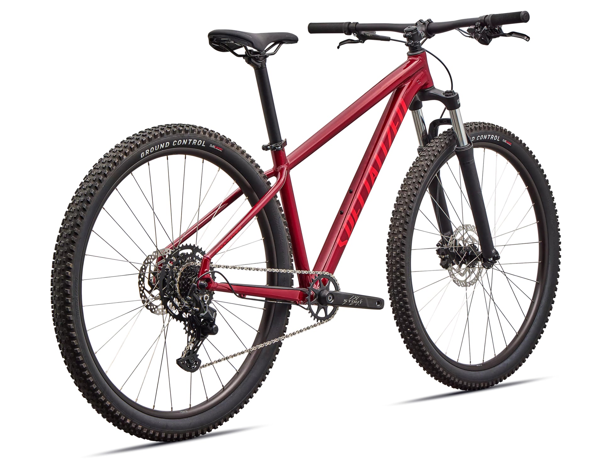 Specialized Rockhopper Sport Hardtail Mountain bike Gloss maroon / deep orange Rear facing view
