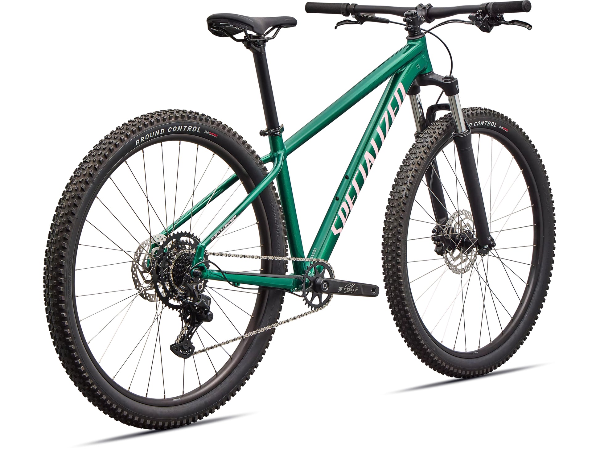 Specialized Rockhopper Sport Hardtail Mountain bike Gloss pine green / desert rose Rear facing view
