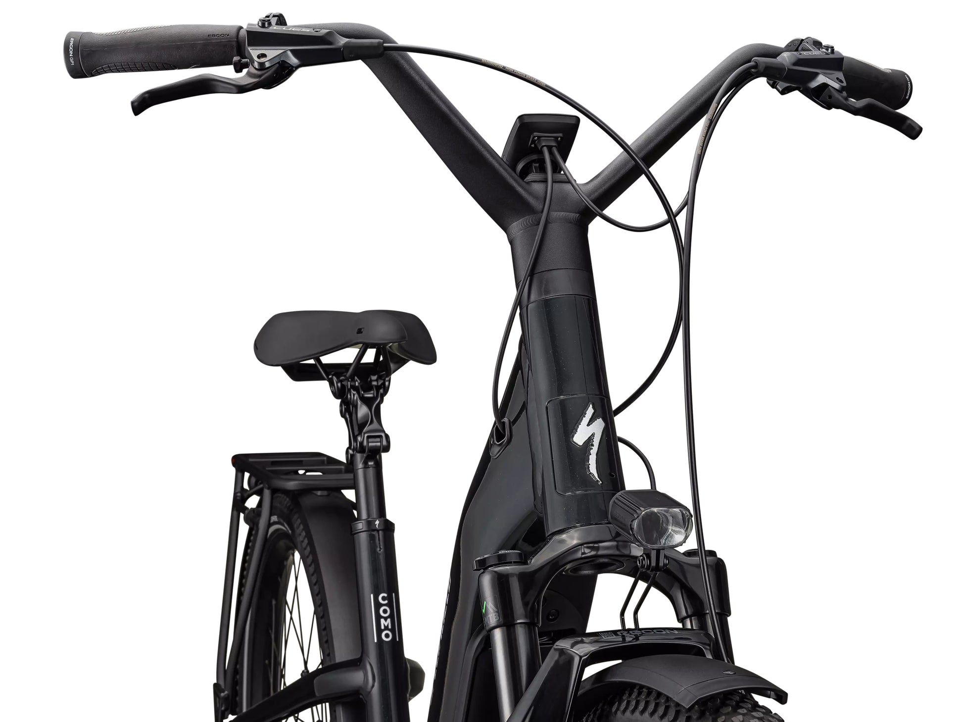 Specialized Turbo Como 5.0 IGH Road / commuter Leisure Electric bike Gloass cast black / satin silver reflective Handlebar, stem, shifters closeup