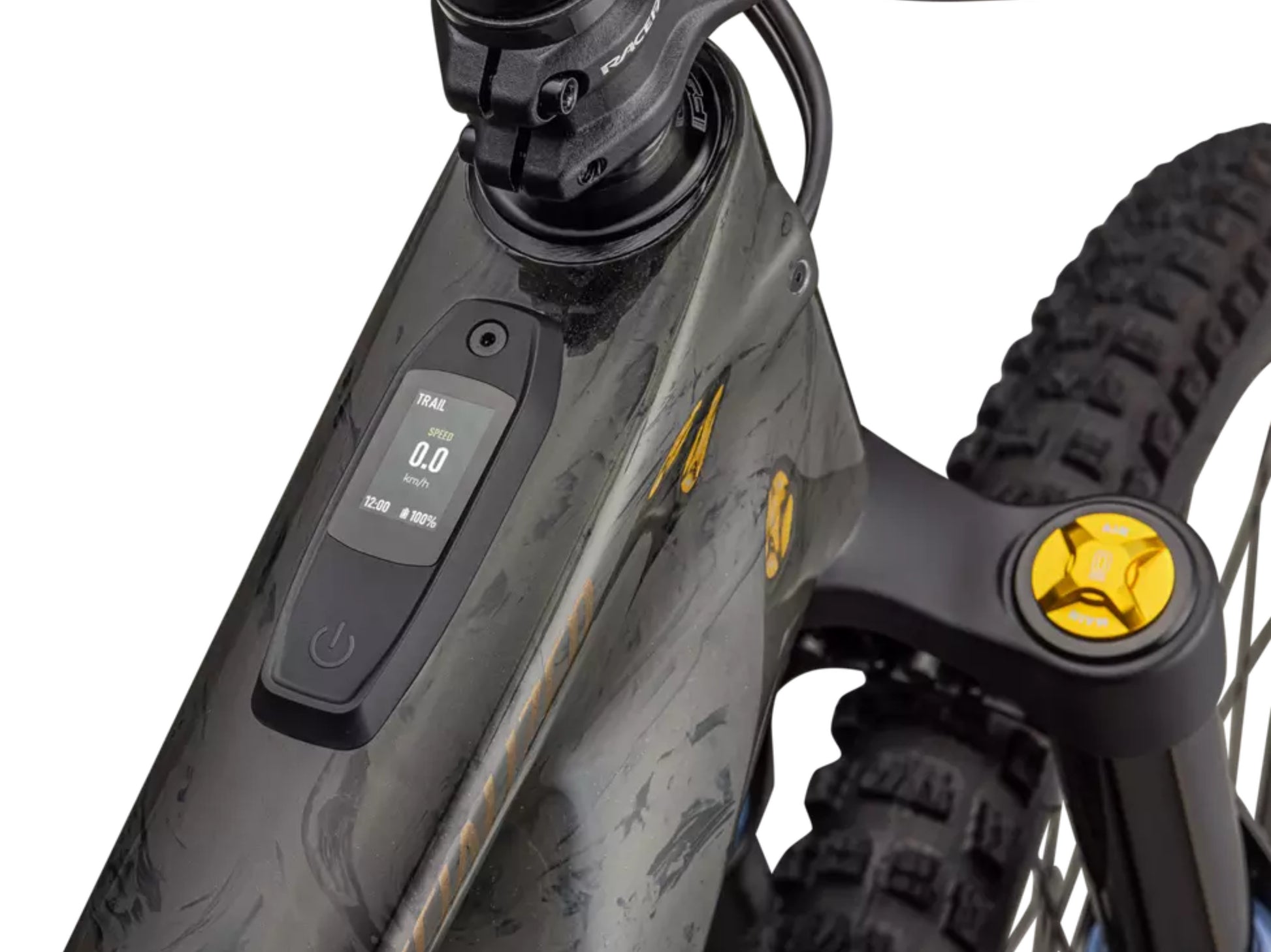Specialized Turbo Kenevo SL 2 Lightweight Enduro eMTB Charcoal tint/ cool grey strata / burnt gold metallic Mastermind TCU display remote closeup view