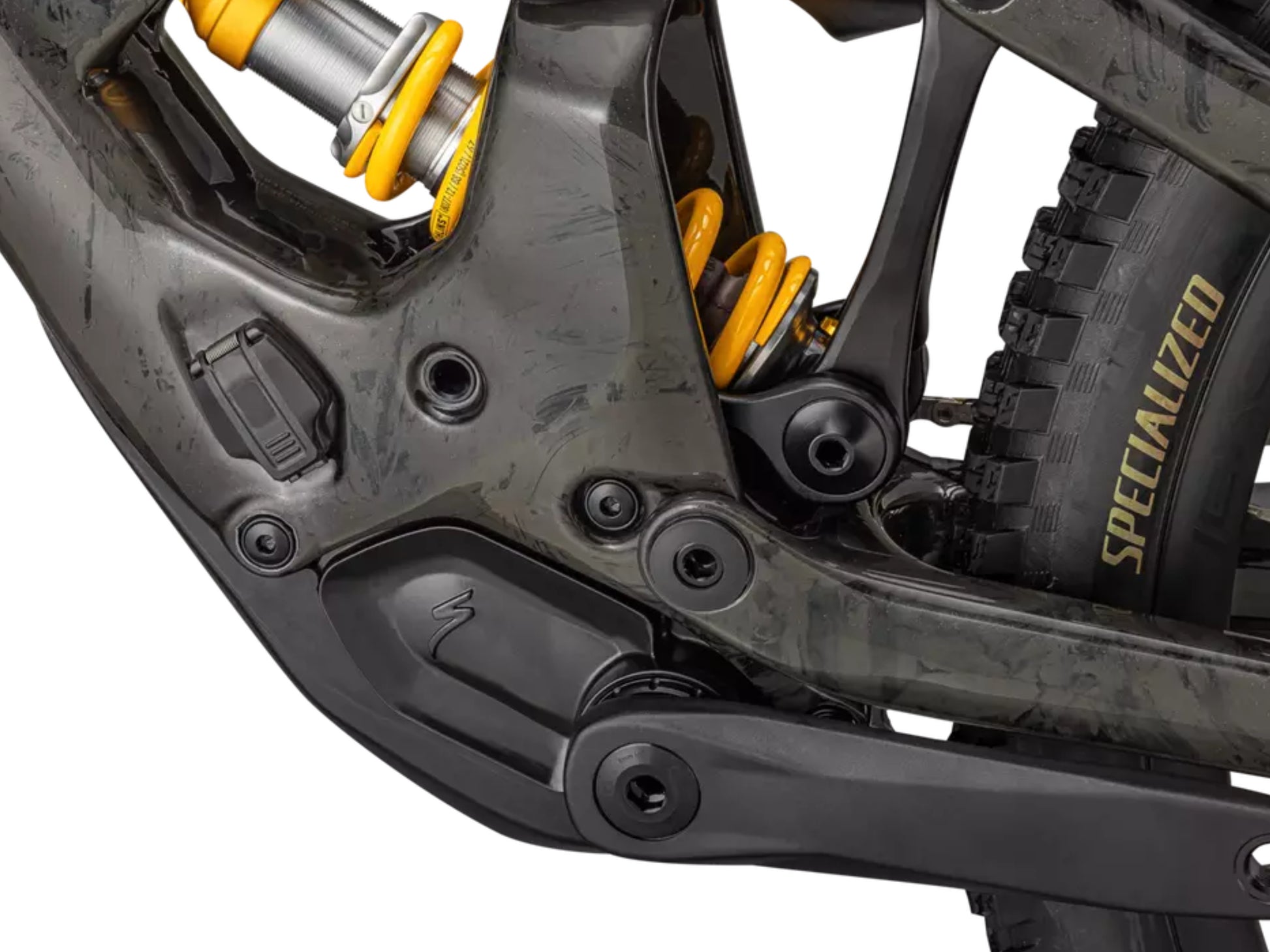 Specialized Turbo Kenevo SL 2 Lightweight Enduro eMTB Charcoal tint/ cool grey strata / burnt gold metallic Motor & rear shock closeup view