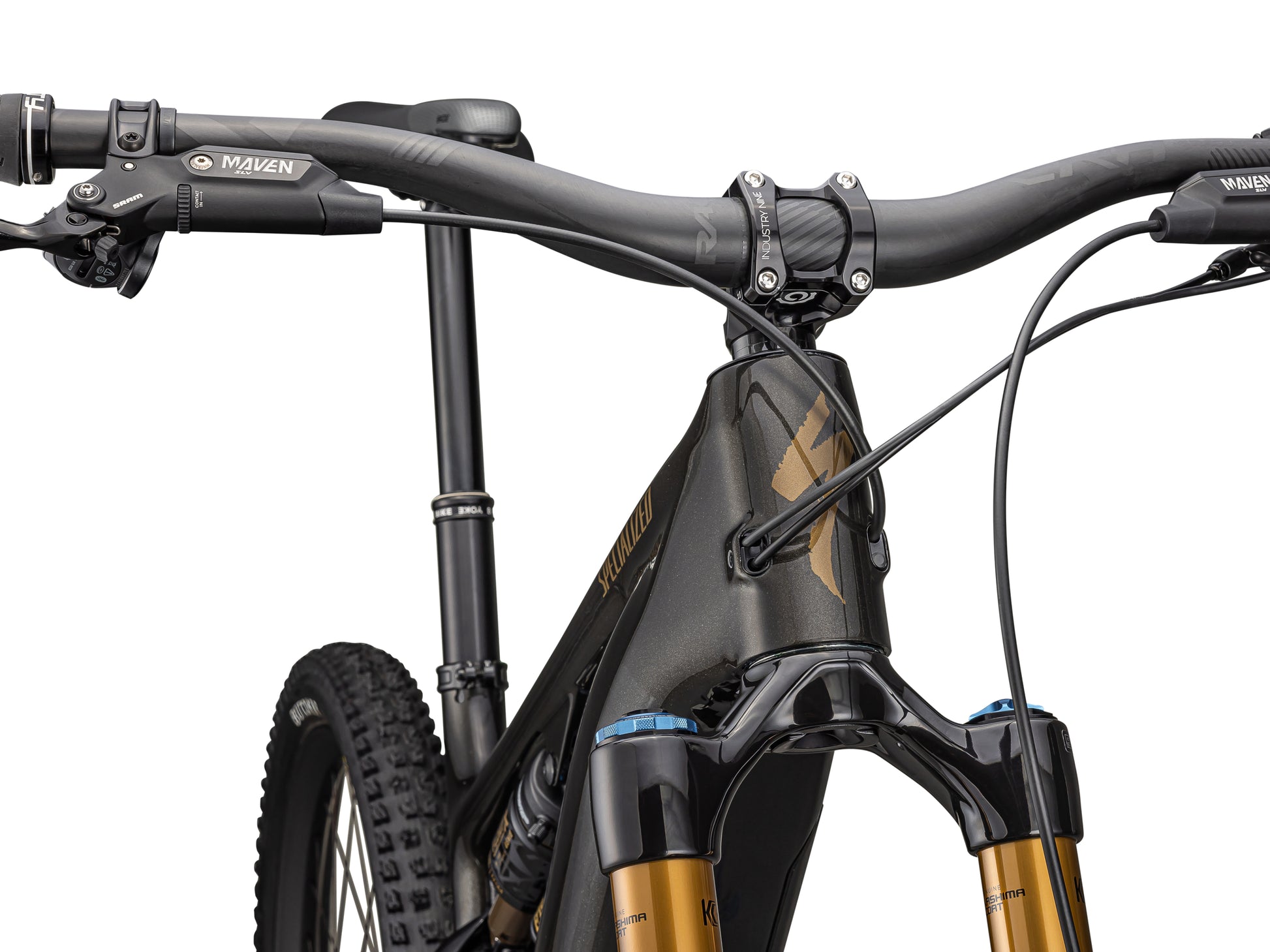Specialized Turbo Levo Pro Carbon Full Suspension eMTB Gloss metallic obsidian / burnt gold metallic Cockpit closeup