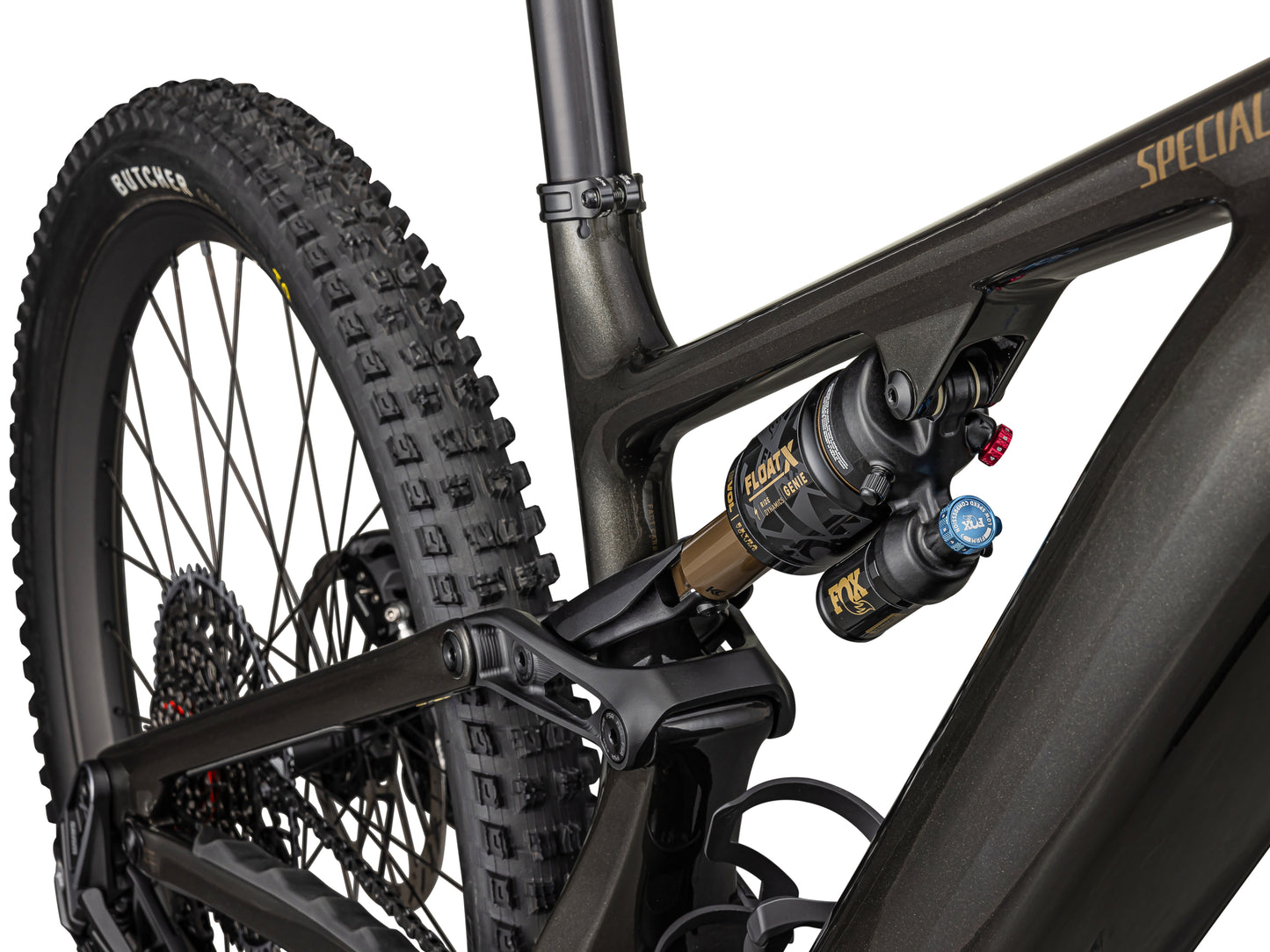 Specialized Turbo Levo Pro Carbon Full Suspension eMTB Gloss metallic obsidian / burnt gold metallic Fox FloatX Genie Rear shock Closeup