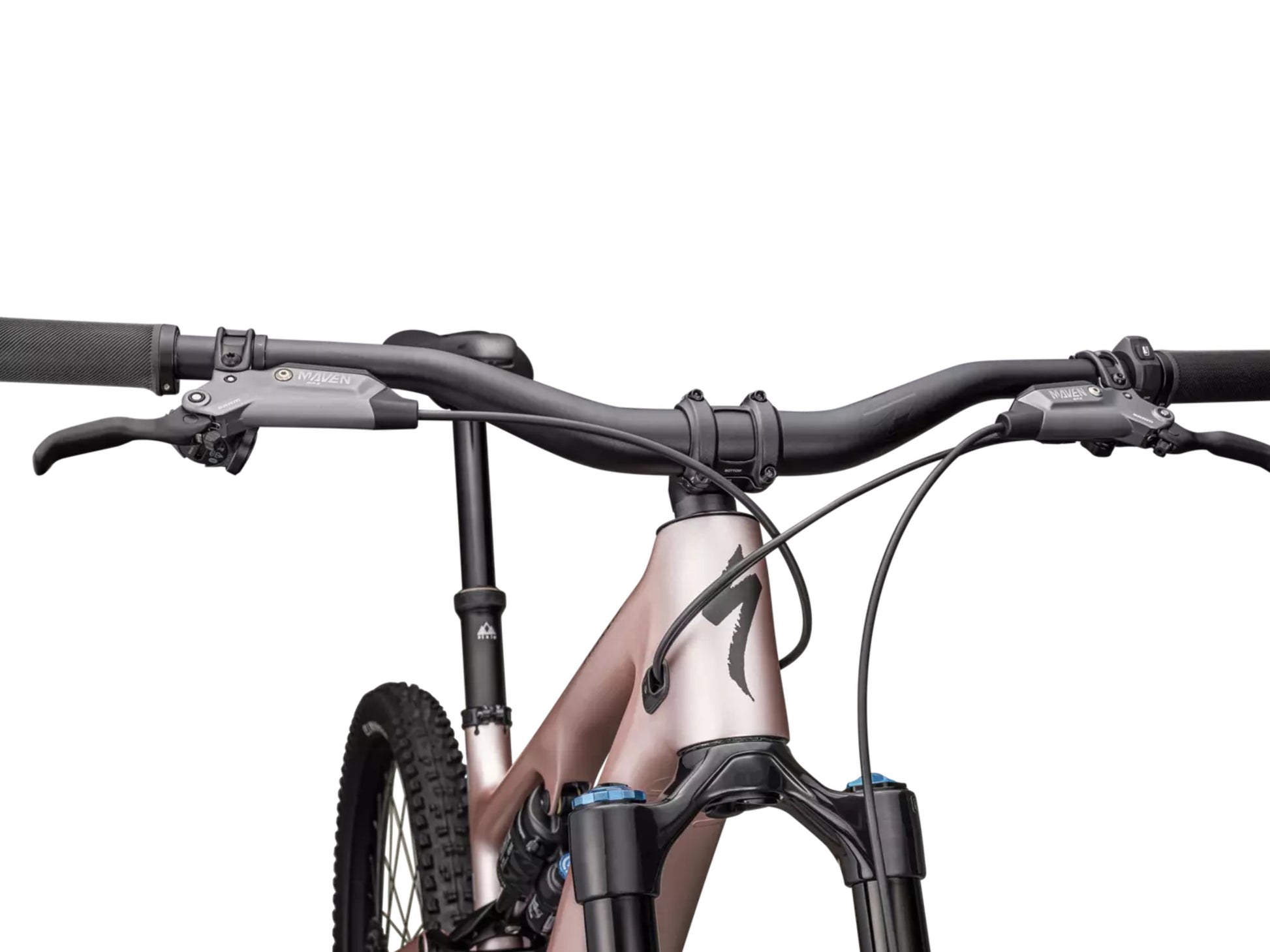 Specialized Turbo Levo SL Expert Full suspension eMTB Champaign / cool grey / metallic obsidian Handlebar, shifter, fork closeup view