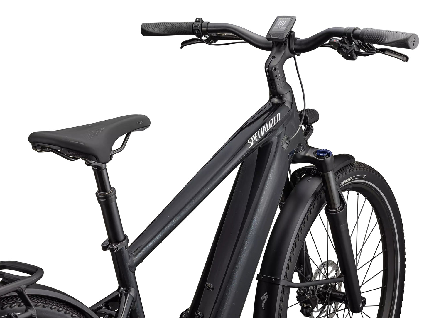 Specialized Turbo Vado 4.0 Road / commuter Gloass castblack / Silver reflective Cockpit closeup