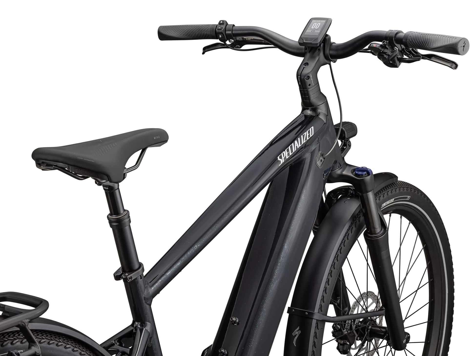 Specialized Turbo Vado 4.0 Road / commuter Gloass castblack / Silver reflective Cockpit closeup