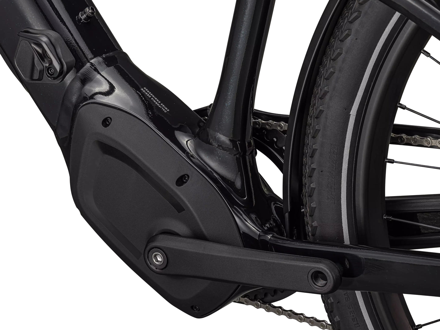 Specialized Turbo Vado 4.0 Road / commuter Gloass castblack / Silver reflective Motor closeup