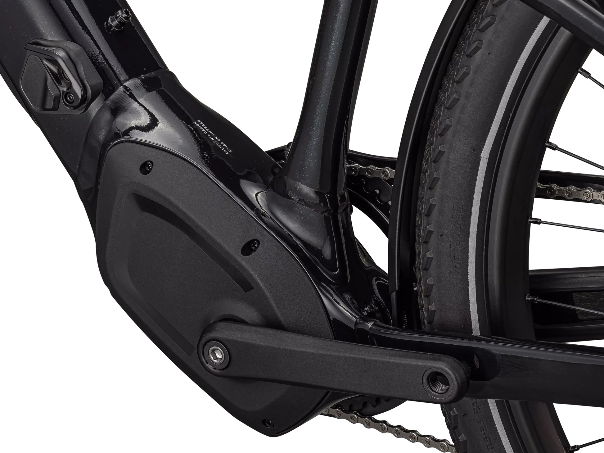 Specialized Turbo Vado 4.0 Road / commuter Gloass castblack / Silver reflective Motor closeup