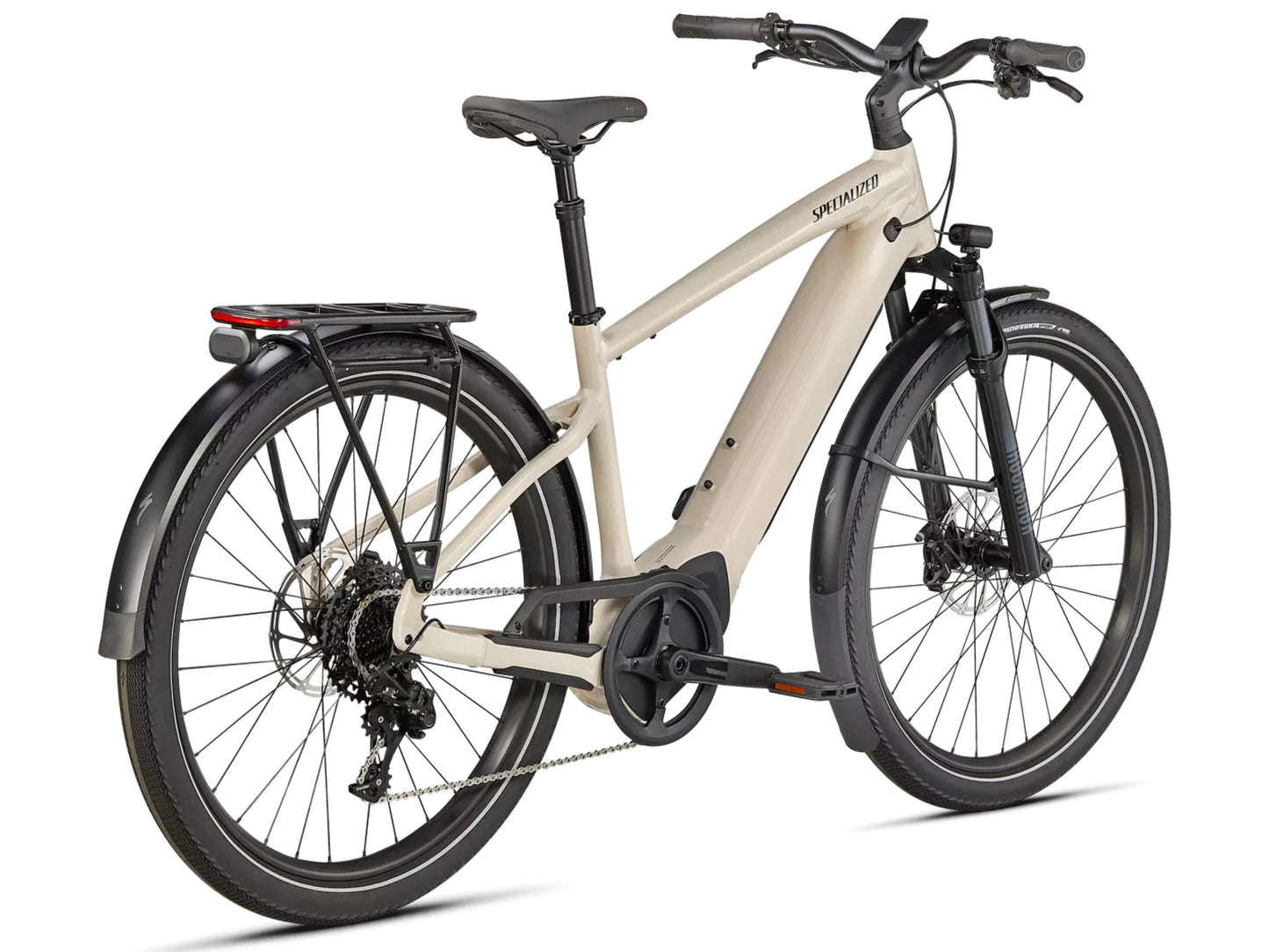 Specialized Turbo Vado 5.0 Commuter eMTB hard tail White mountain / black reflective Rear facing view on Fly Rides