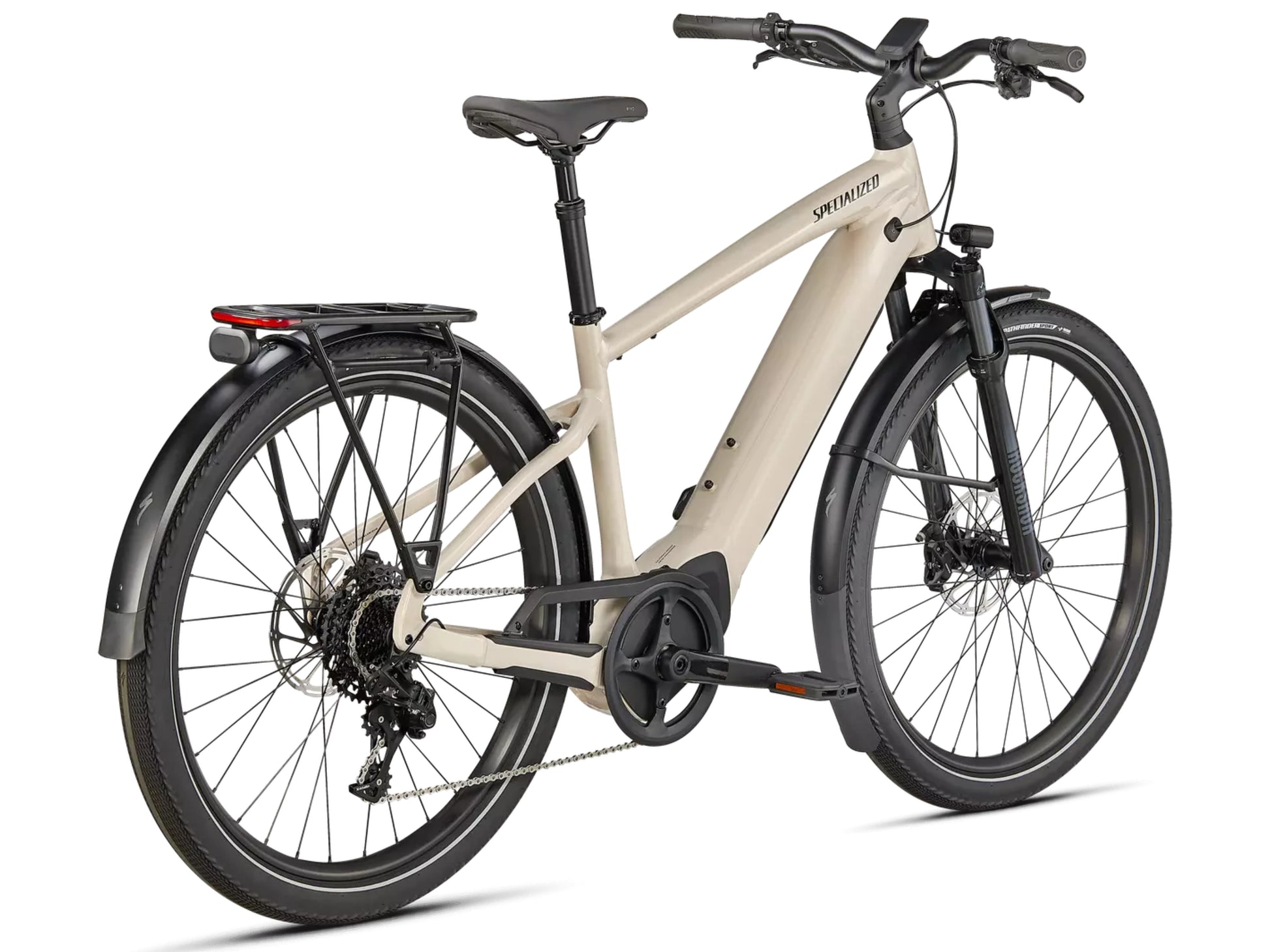 Specialized Turbo Vado 5.0 Commuter eMTB hard tail White mountain / black reflective Rear facing view on Fly Rides