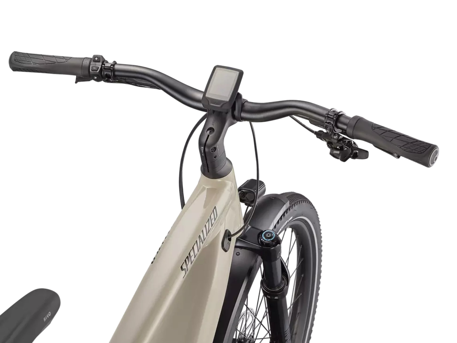 Specialized Turbo Vado 5.0 Commuter eMTB hard tail White mountain / black reflective Closeup handlebars, display, cockpit on Fly Rides