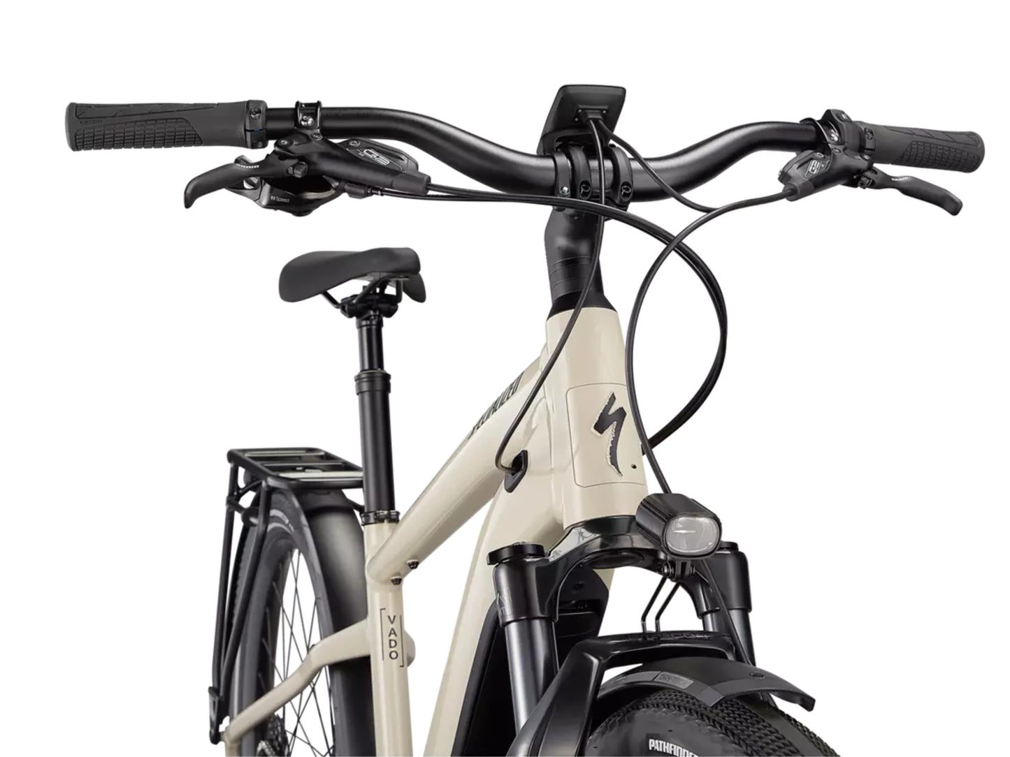 Specialized Turbo Vado 5.0 Commuter eMTB hard tail White mountain / black reflective Closeup handlebars, display, headlight, cockpit rear view on Fly Rides