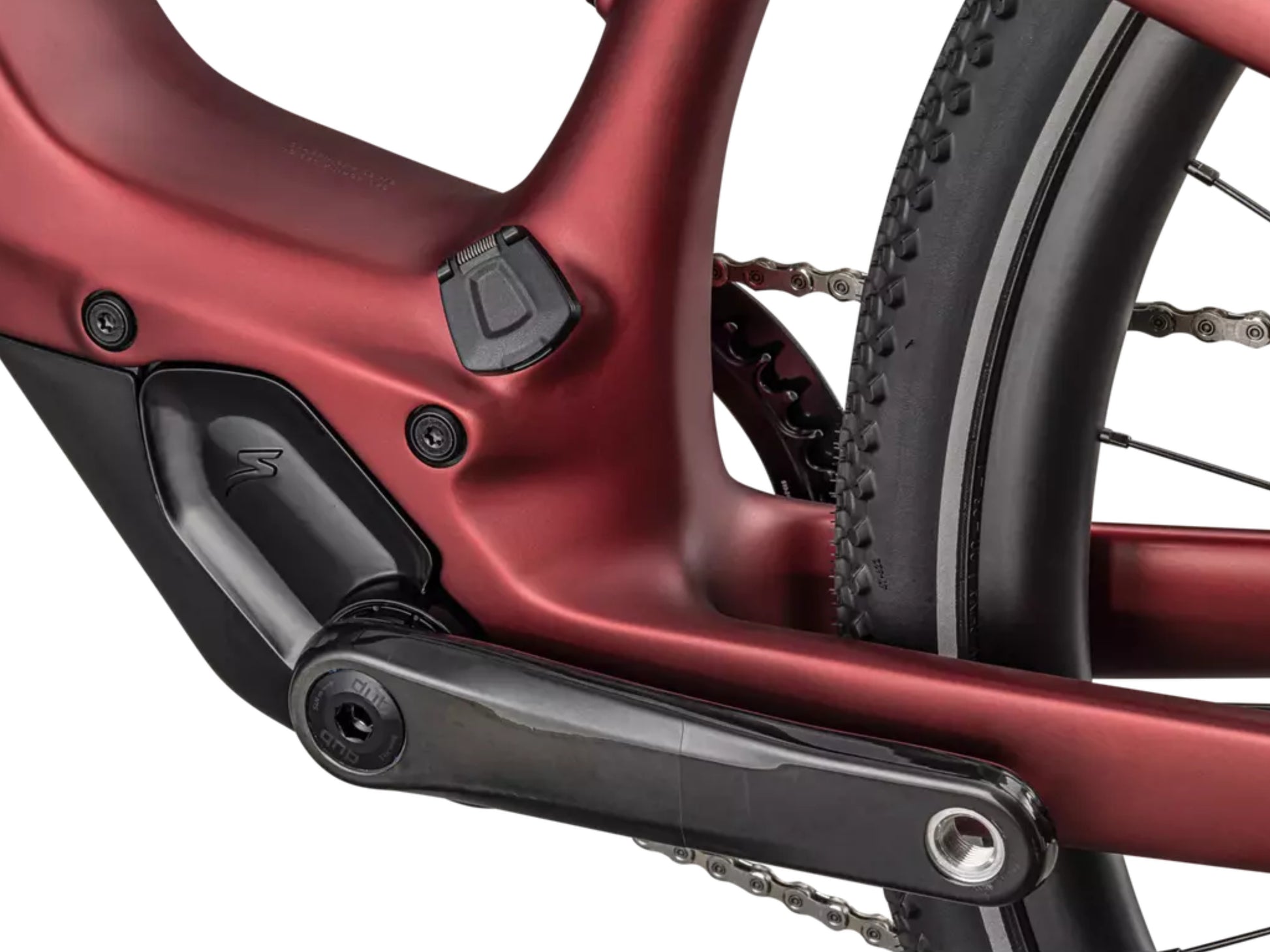 Specialized Turbo Vado SL 2 6.0 Carbon Lightweight High speed commuter / road electric bike Satin red sky / red onyx frost frost Motor & chargeport closeup view