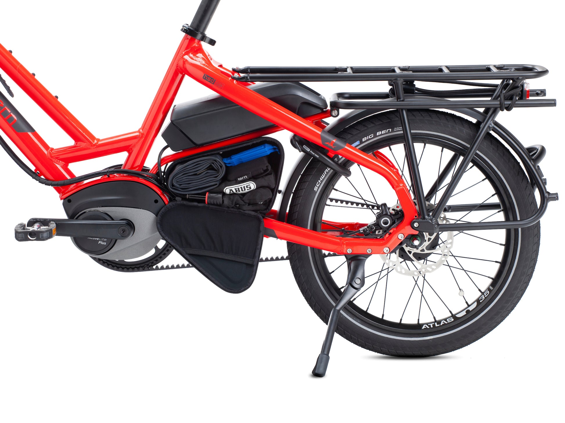 Tern Cache Box shown open, stocked with items installed on bike