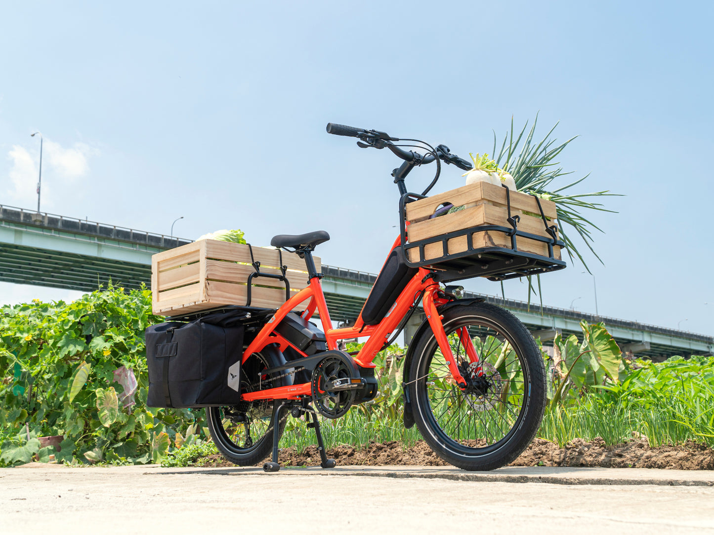 Tern Cargo Rack installed on HSD shown with Crates full of Farm veggies