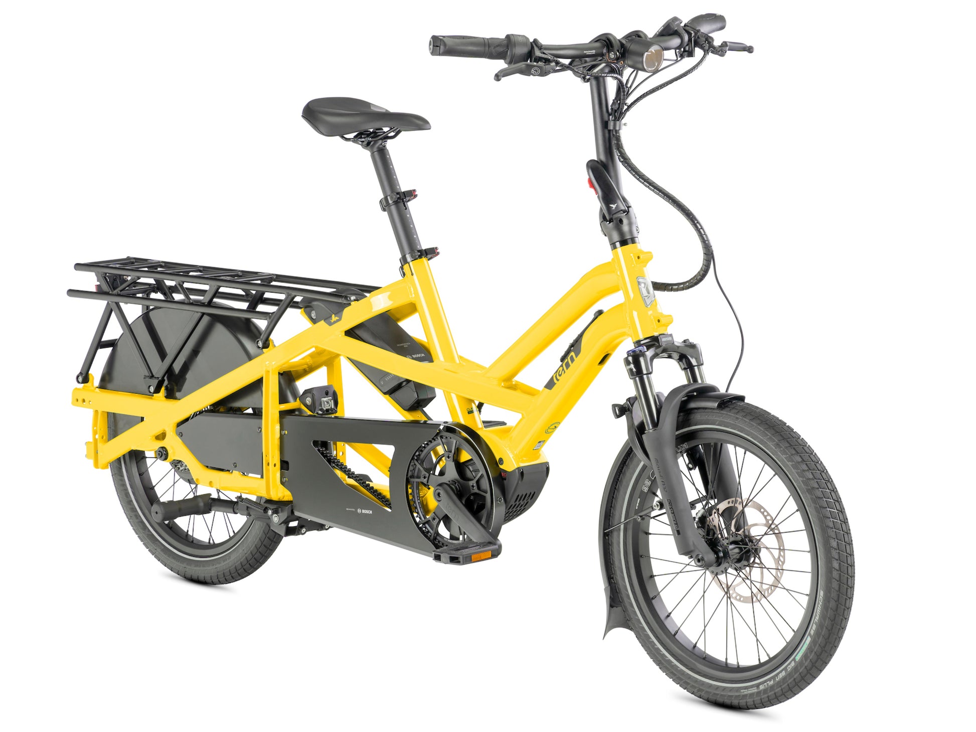 Tern GSD P00 Electric, folding Cargo bike School bus yellow Forward facing angle
