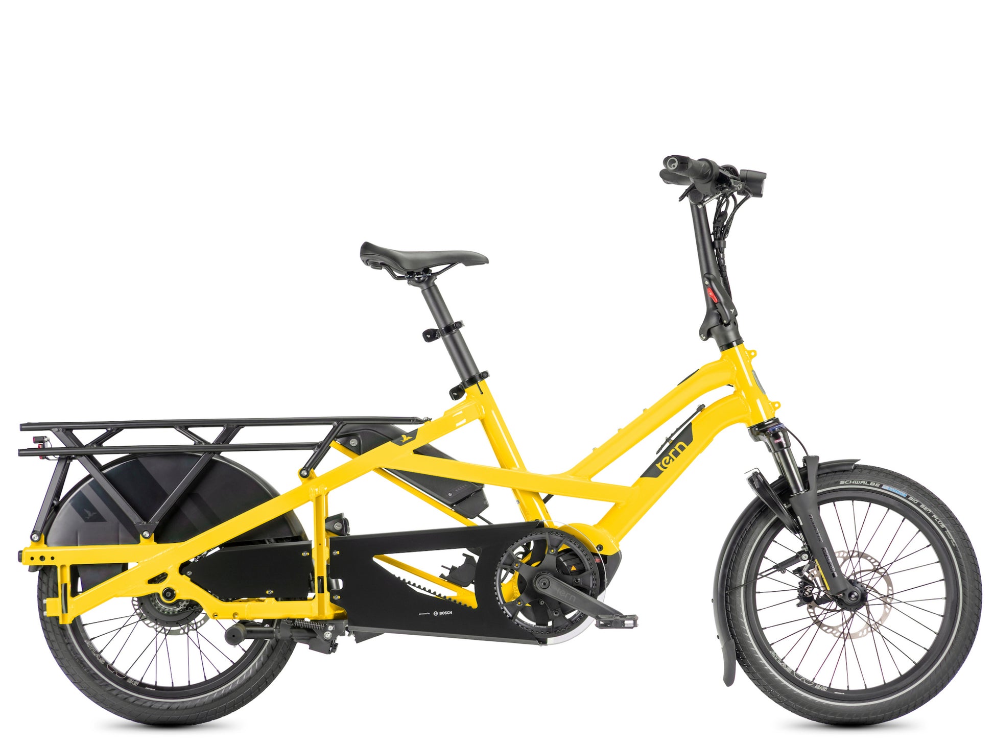 Tern GSD P00 Electric, folding Cargo bike School bus yellow Side profile