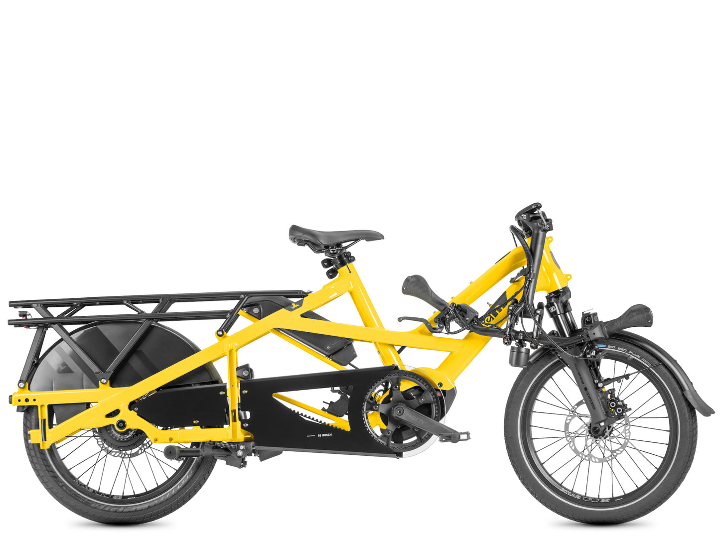 Tern GSD P00 Electric, folding Cargo bike School bus yellow Side view with handlebars folded