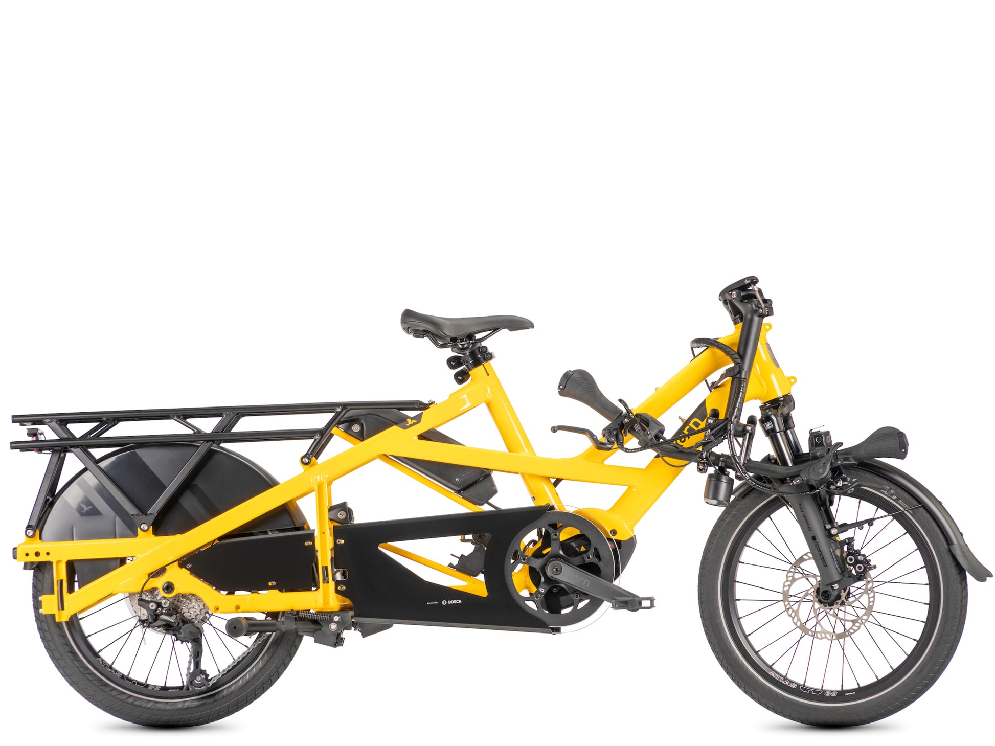 Tern GSD P10 Electric folding Cargo bike School bus yellow Side profile with handlebars folded