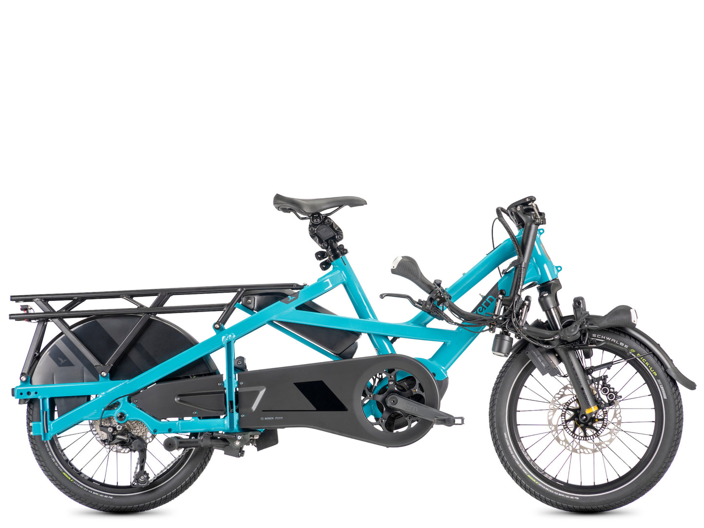 Tern GSD S10 electric cargo bike Beetle blue side profile with handlebars folded on Fly Rides Gen 3