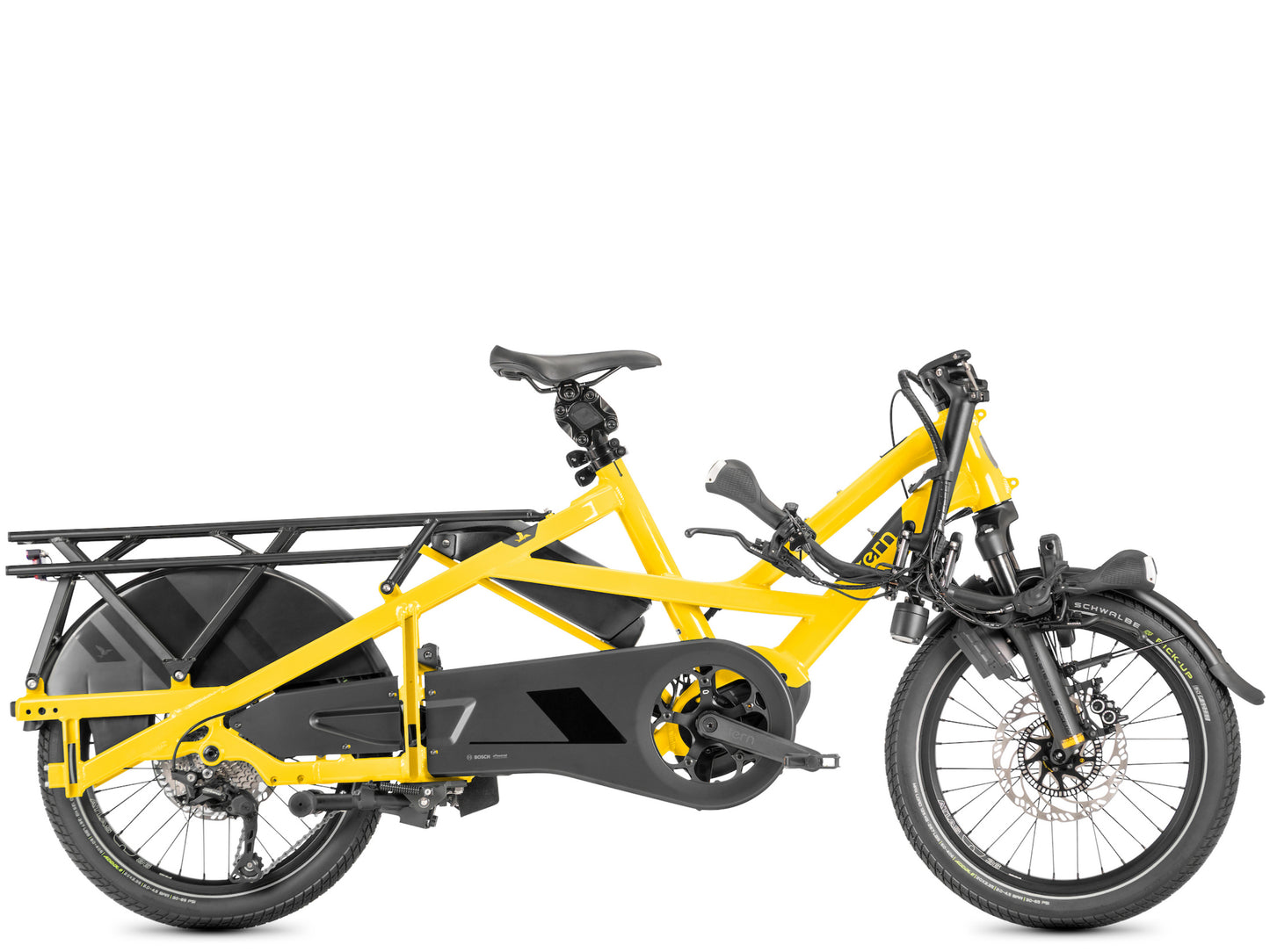 Tern GSD Gen 3 Electric folding Cargo bike School bus yellow Side profile Handlebars folded