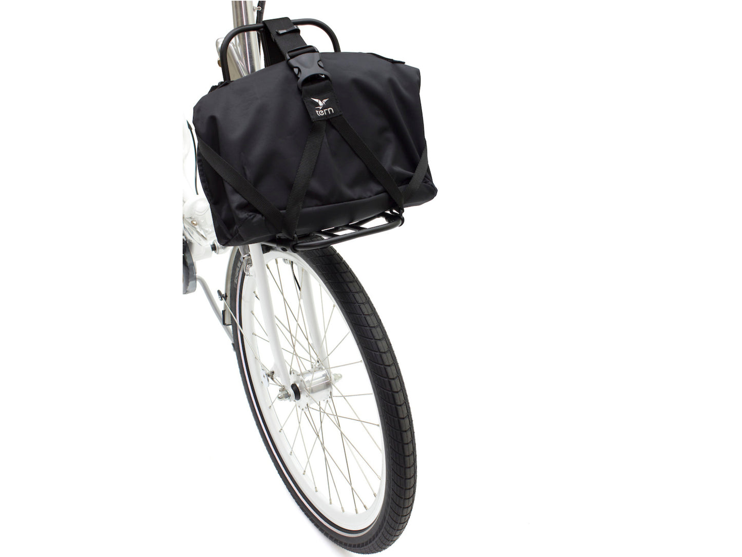 Tern Kanga Rack attached to bike, shown with travel bag attached
