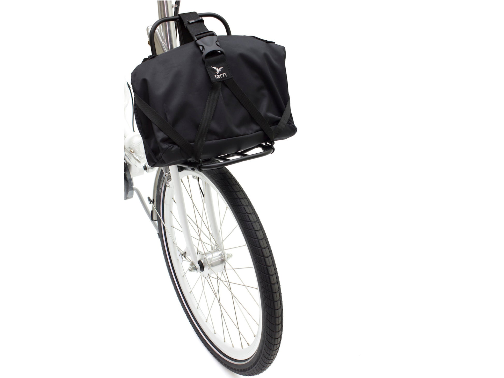 Tern Kanga Rack attached to bike, shown with travel bag attached