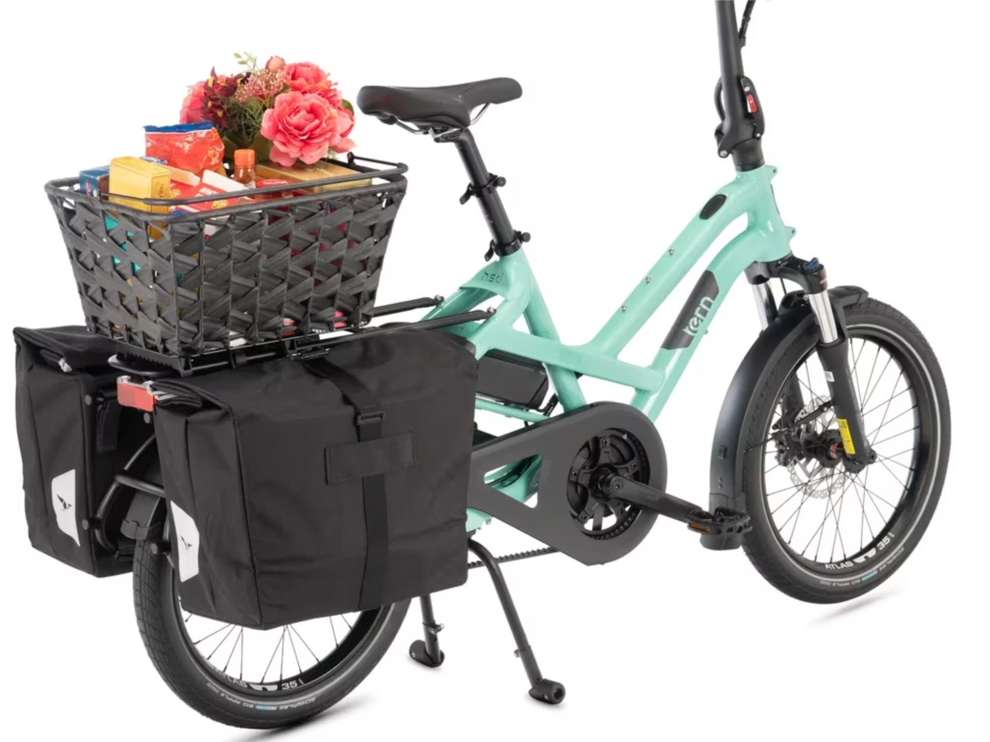 Tern Market Basket Gen 2. Installed on rear rack of bike. Filled with groceries
