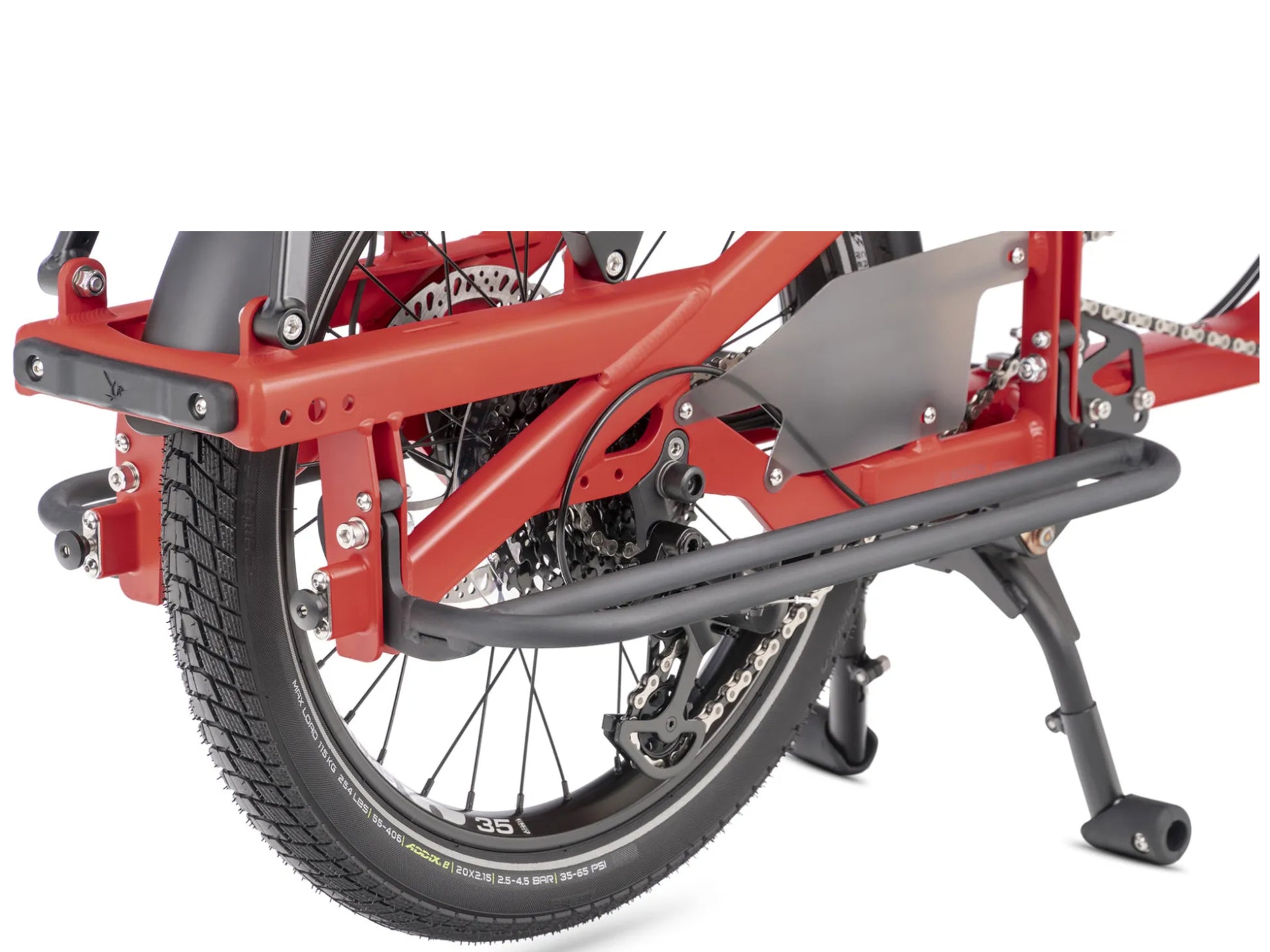 Tern Quickhaul Long D9 Footrest, Kickstand closeup Traffic red