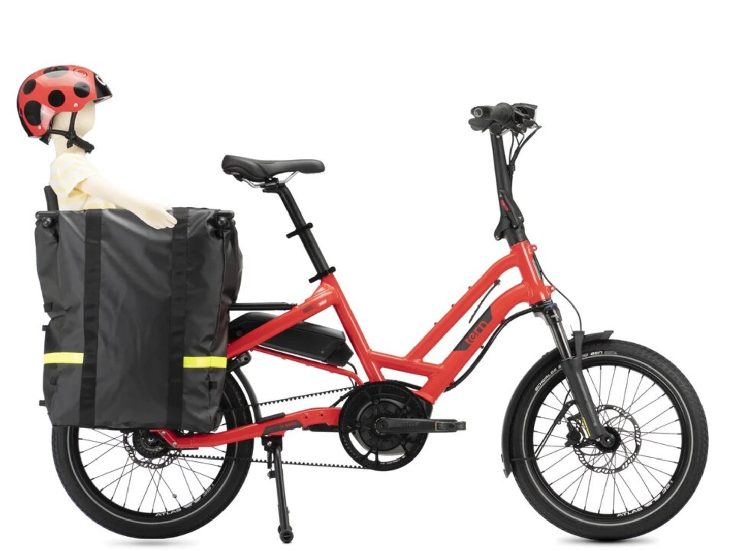 Tern Storm Box Mini with Cargo Lid Lock shown installed on bike with Child passenger