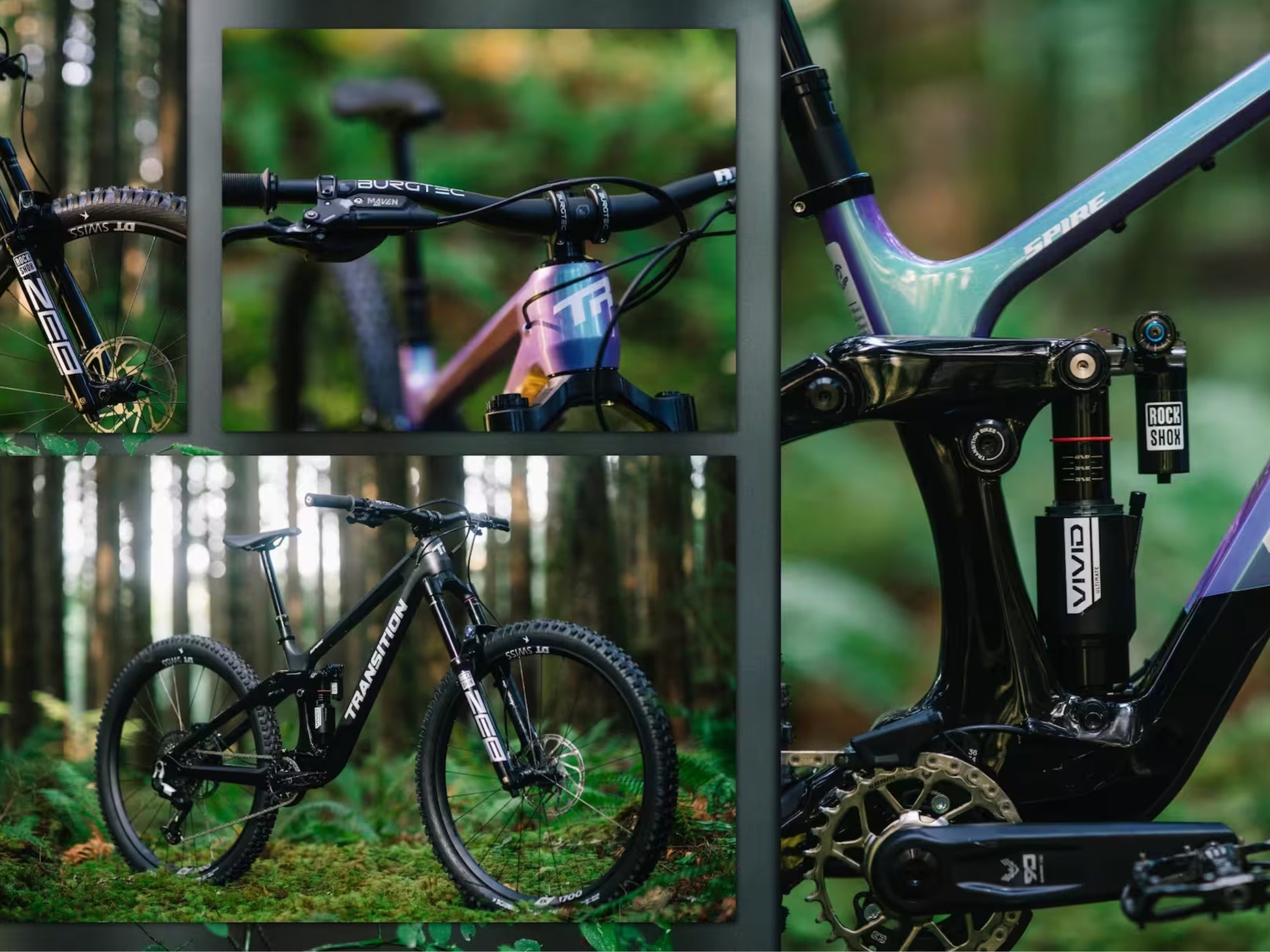 Transition Spire Full suspension Mountain bike closeup collage