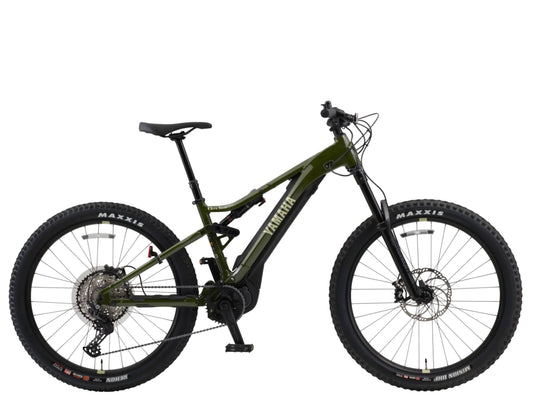 Yamaha YDX Moro 05 electric mountain bicycle in green side profile on Fly Rides USA